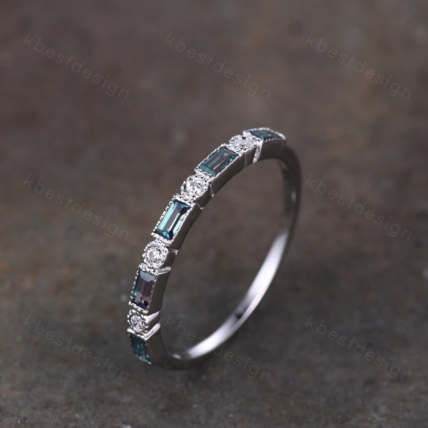 Alexandrite Ring Half Eternity Wedding Band White Gold Art Deco Baguette Stacking Band Anniversary Ring June Birthstone Ring Women Gift