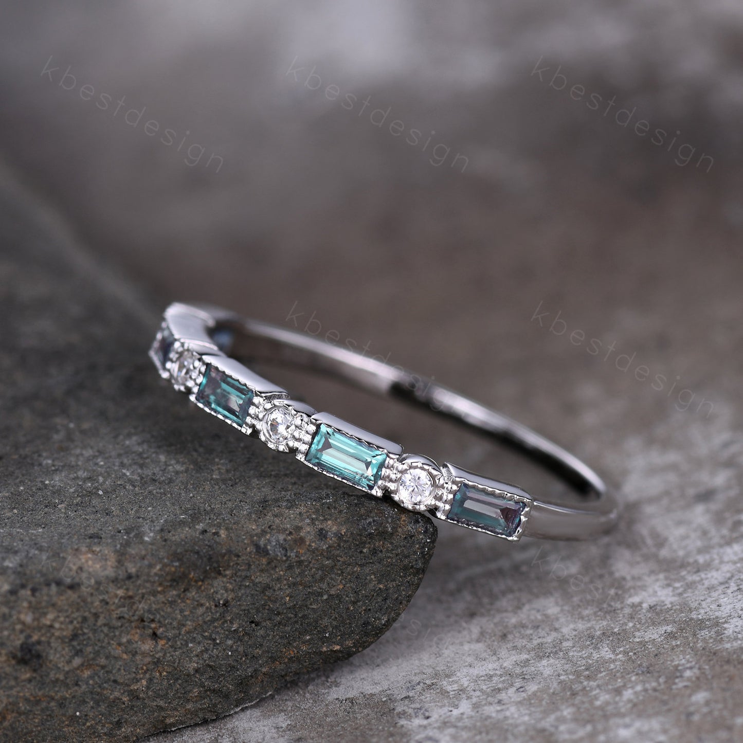 Alexandrite Ring Half Eternity Wedding Band White Gold Art Deco Baguette Stacking Band Anniversary Ring June Birthstone Ring Women Gift