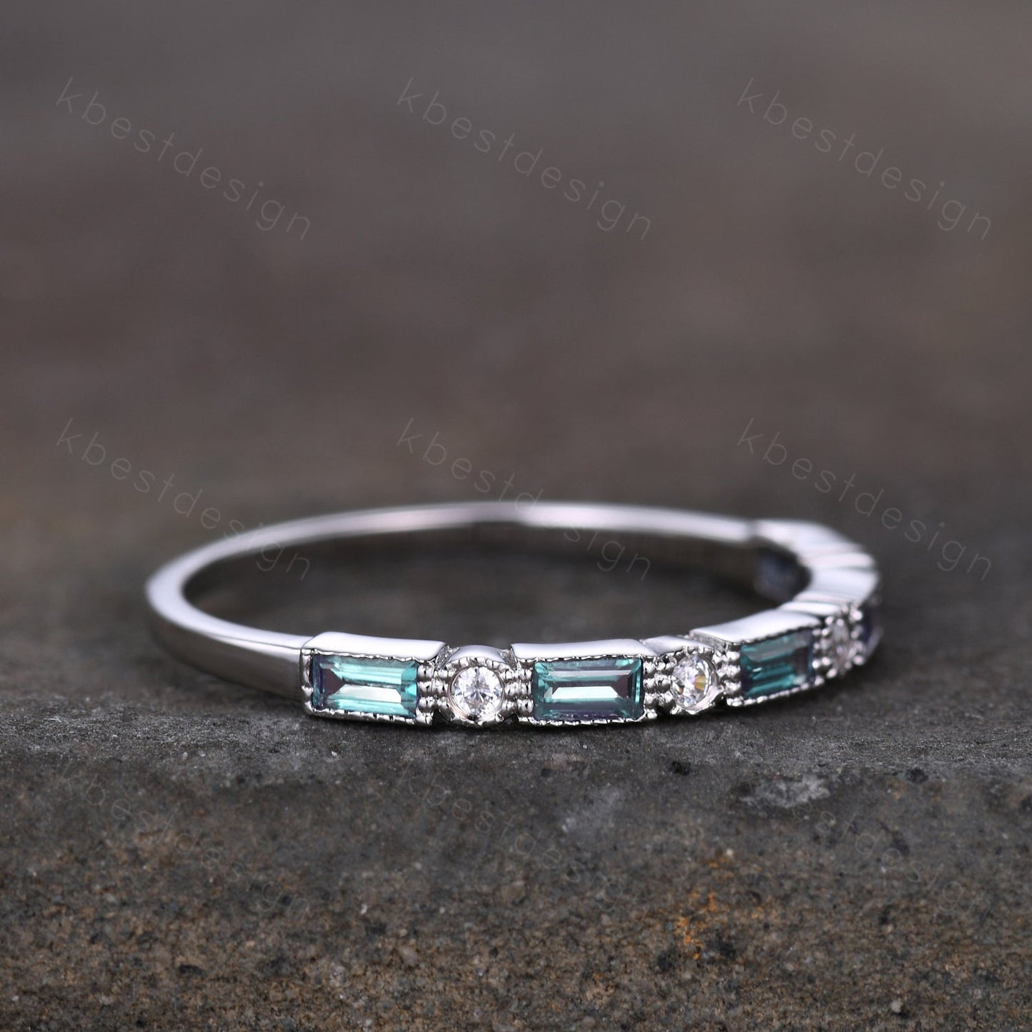 Alexandrite Ring Half Eternity Wedding Band White Gold Art Deco Baguette Stacking Band Anniversary Ring June Birthstone Ring Women Gift