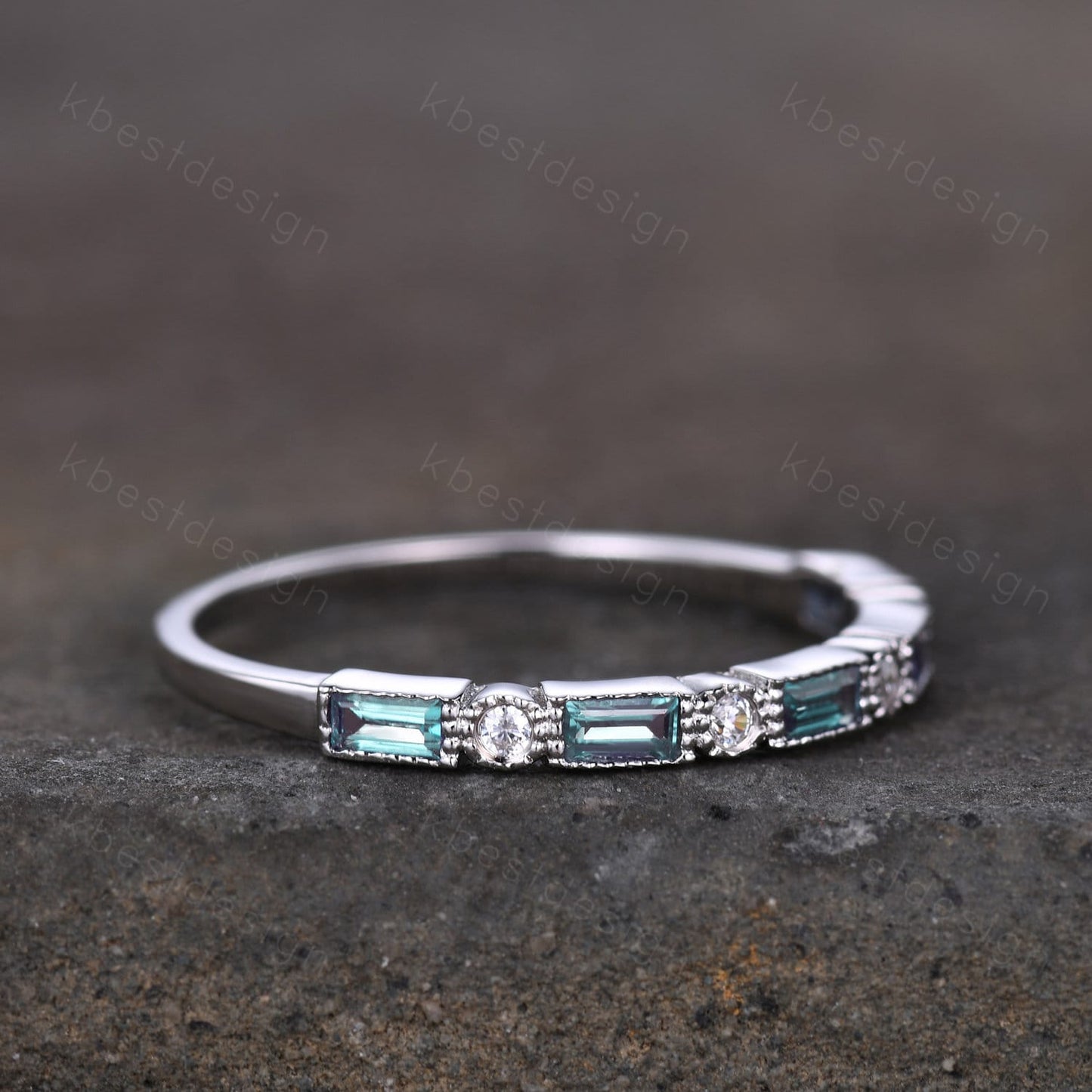 Alexandrite Ring Half Eternity Wedding Band White Gold Art Deco Baguette Stacking Band Anniversary Ring June Birthstone Ring Women Gift