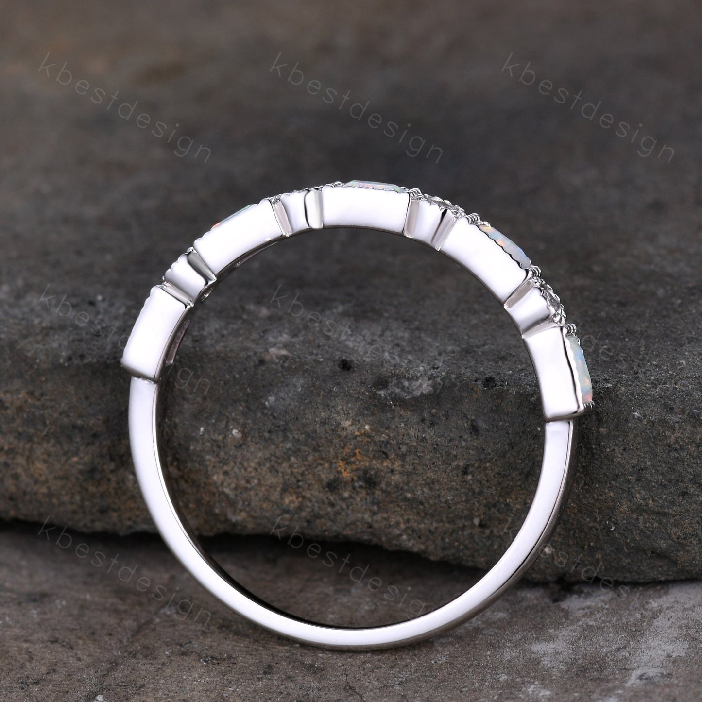 Opal Wedding Band Art Deco Half Eternity Baguette Wedding Band White Gold Opal Stacking Band Vintage Wedding Ring Anniversary Gift Silver