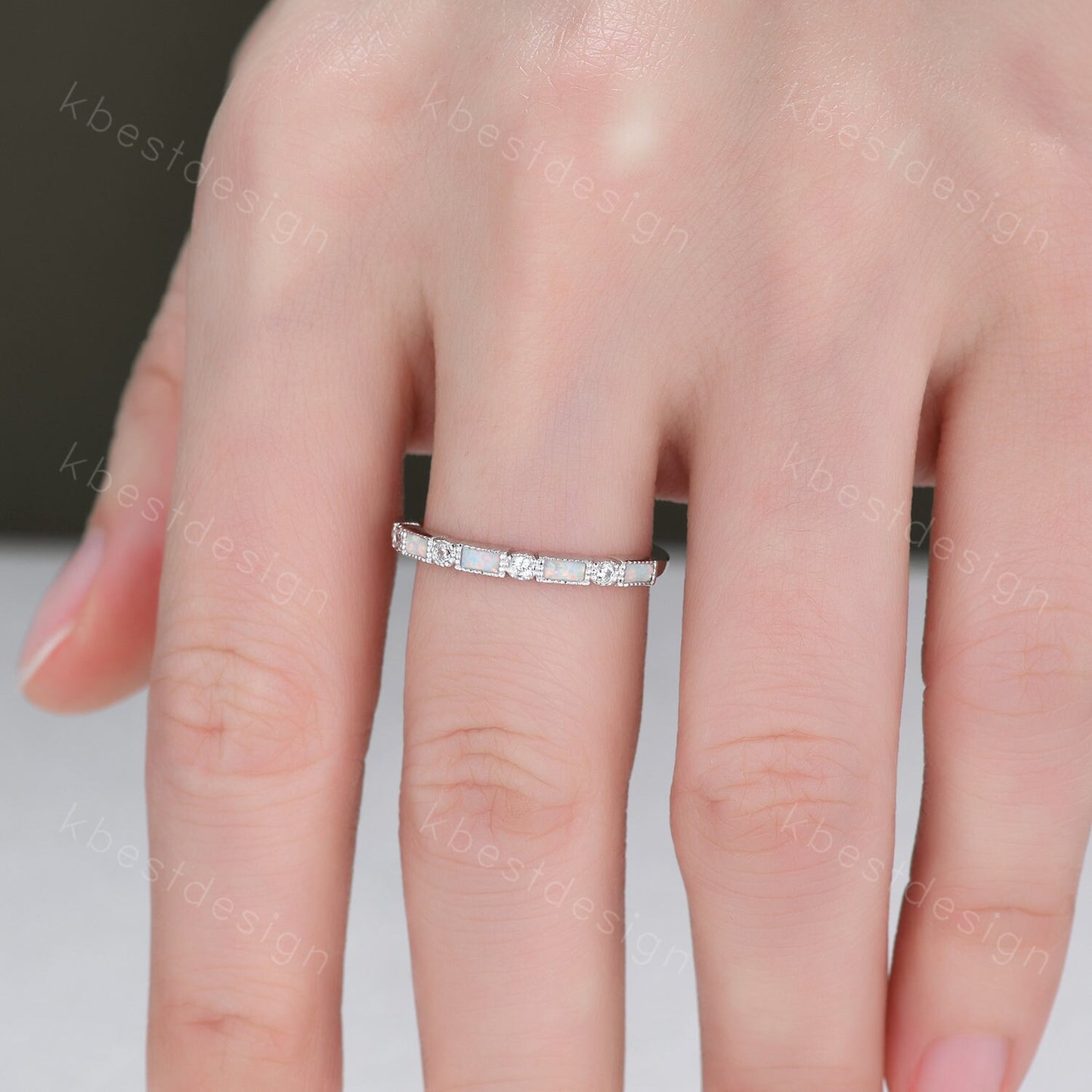 Opal Wedding Band Art Deco Half Eternity Baguette Wedding Band White Gold Opal Stacking Band Vintage Wedding Ring Anniversary Gift Silver