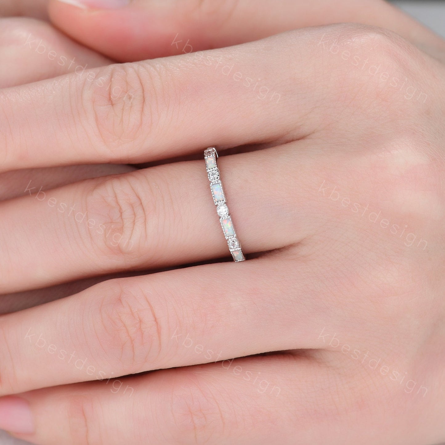 Opal Wedding Band Art Deco Half Eternity Baguette Wedding Band White Gold Opal Stacking Band Vintage Wedding Ring Anniversary Gift Silver