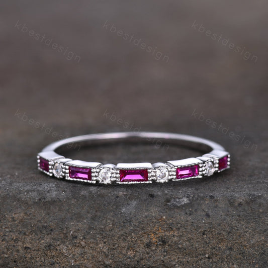 Ruby wedding band 14k white gold band art deco baguette band half eternity stacking matching band Vintage bridal anniversary ring
