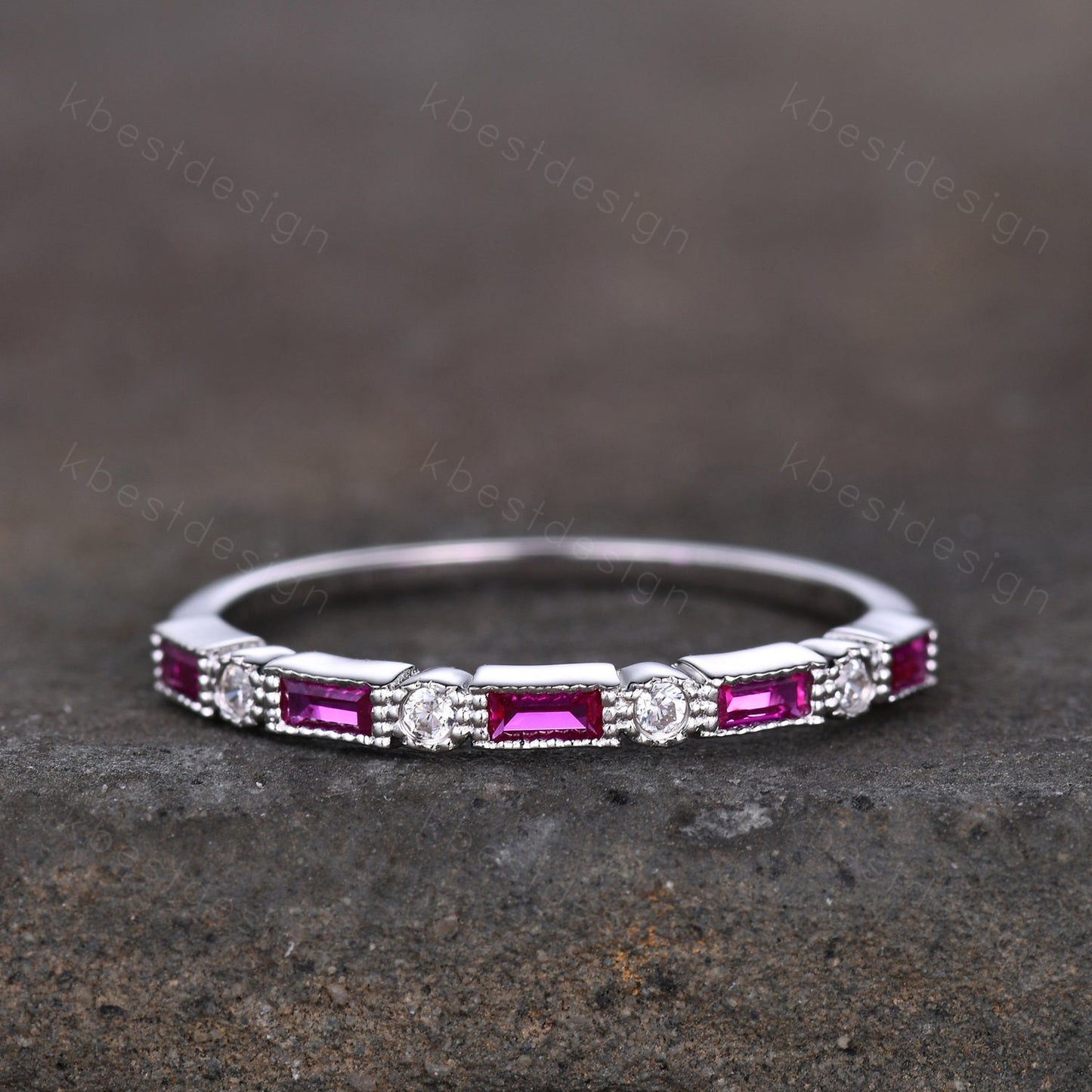 Ruby wedding band 14k white gold band art deco baguette band half eternity stacking matching band Vintage bridal anniversary ring