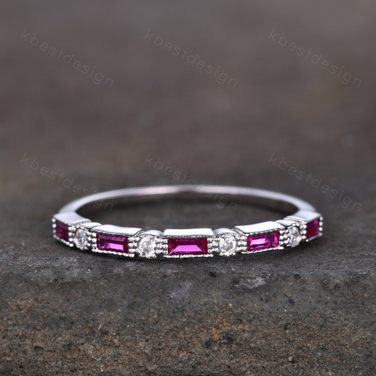 Ruby wedding band 14k white gold band art deco baguette band half eternity stacking matching band Vintage bridal anniversary ring