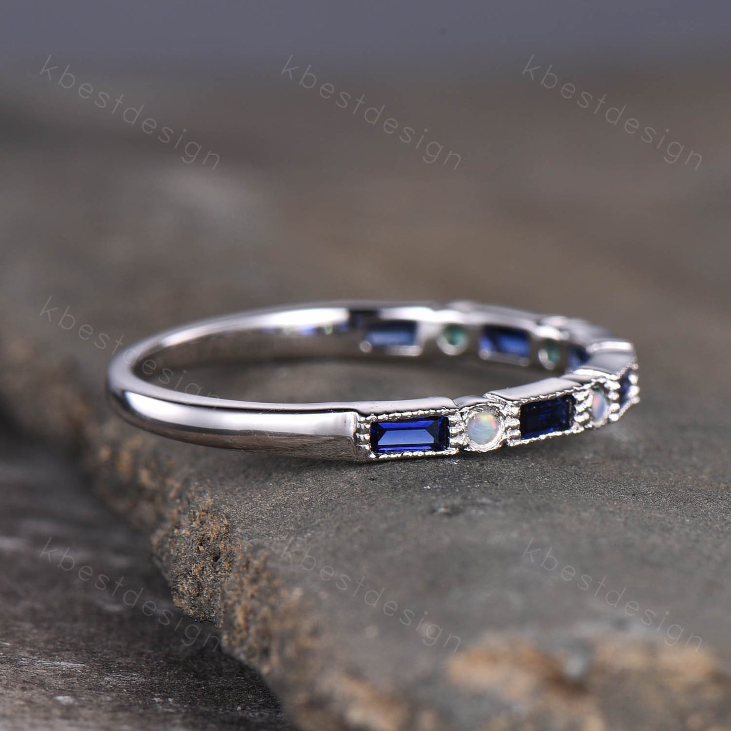 Sapphire and Opal Ring, Baguette Sapphire Ring, Half Eternity Stacking Ring, Silver Ring, Women's Wedding Ring, September Birthstone Ring