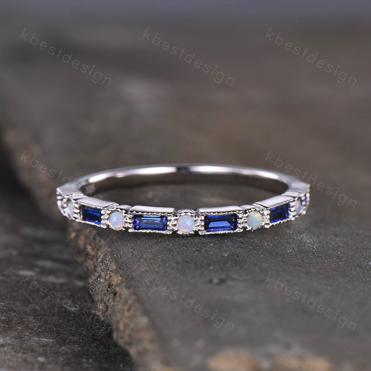 Sapphire and Opal Ring, Baguette Sapphire Ring, Half Eternity Stacking Ring, Silver Ring, Women's Wedding Ring, September Birthstone Ring
