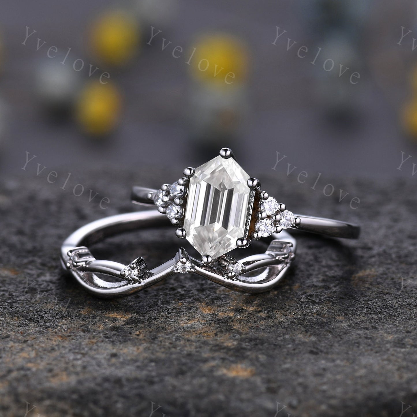 Retro hexagon Moissanite Ring,Vintage Moissanite Ring Set,Unique Diamond Engagement Ring,Promise Ring,Anniversary Ring Gift For Her,Platinum