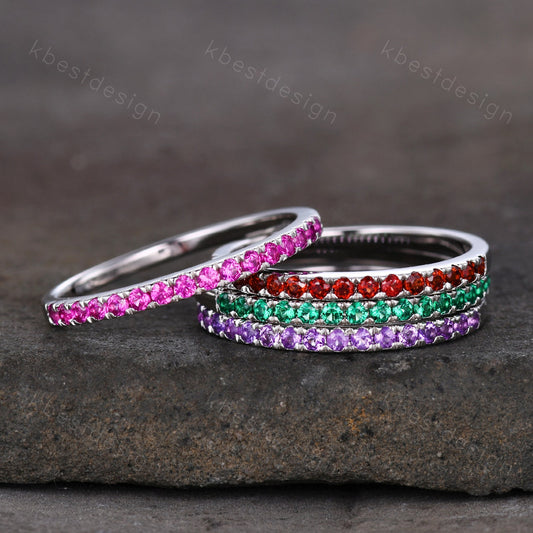 Half Eternity Wedding Band, Emerald Band, Ruby Ring, Gemstone Band, Birthstone Ring, Pave Stacking Band, Gift for her, Sterling Silver Ring
