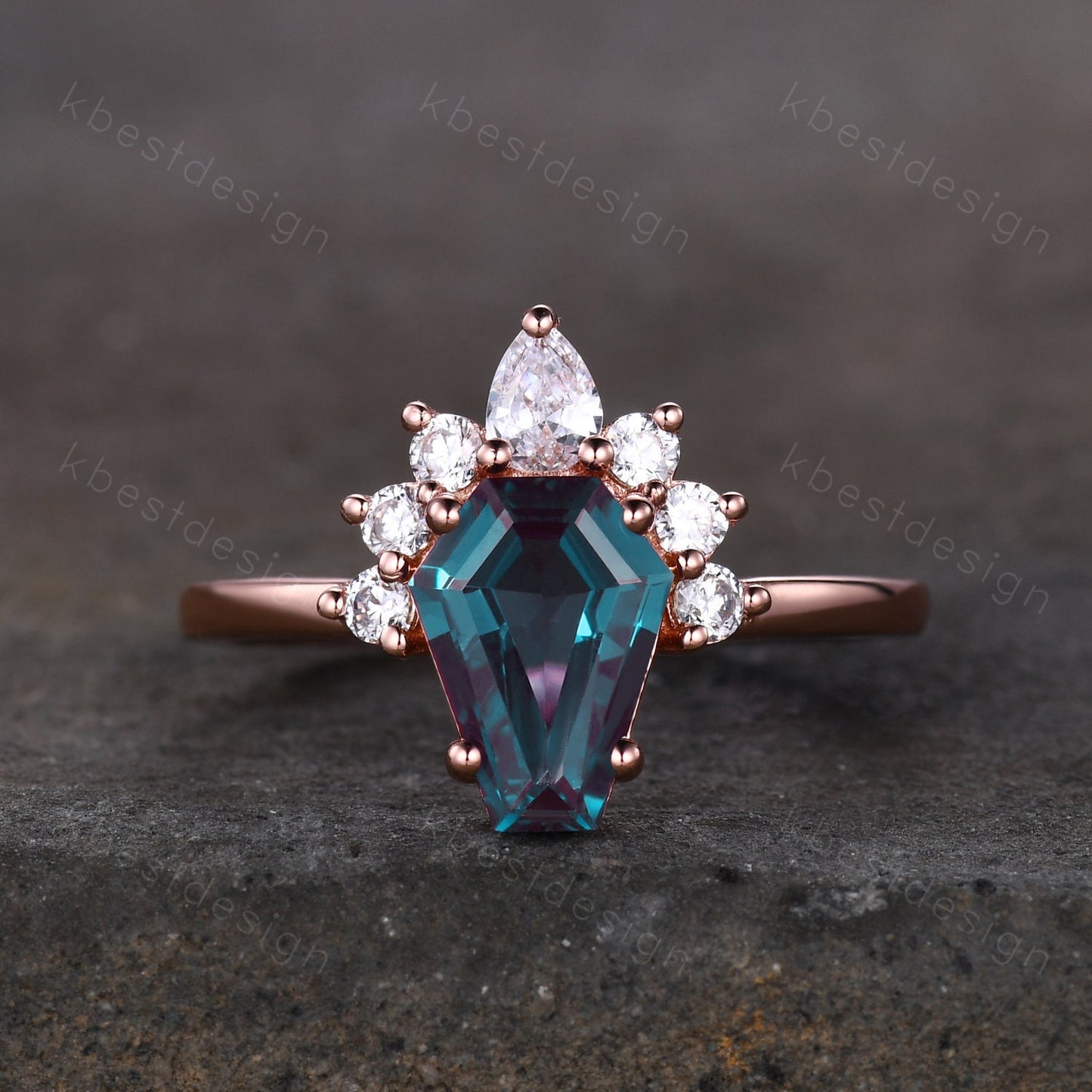 Coffin Alexandrite Engagement Ring Vintage 14K Rose Gold Ring Art Deco Unique Moissanite Bridal Anniversary Promise Ring June Birthstone