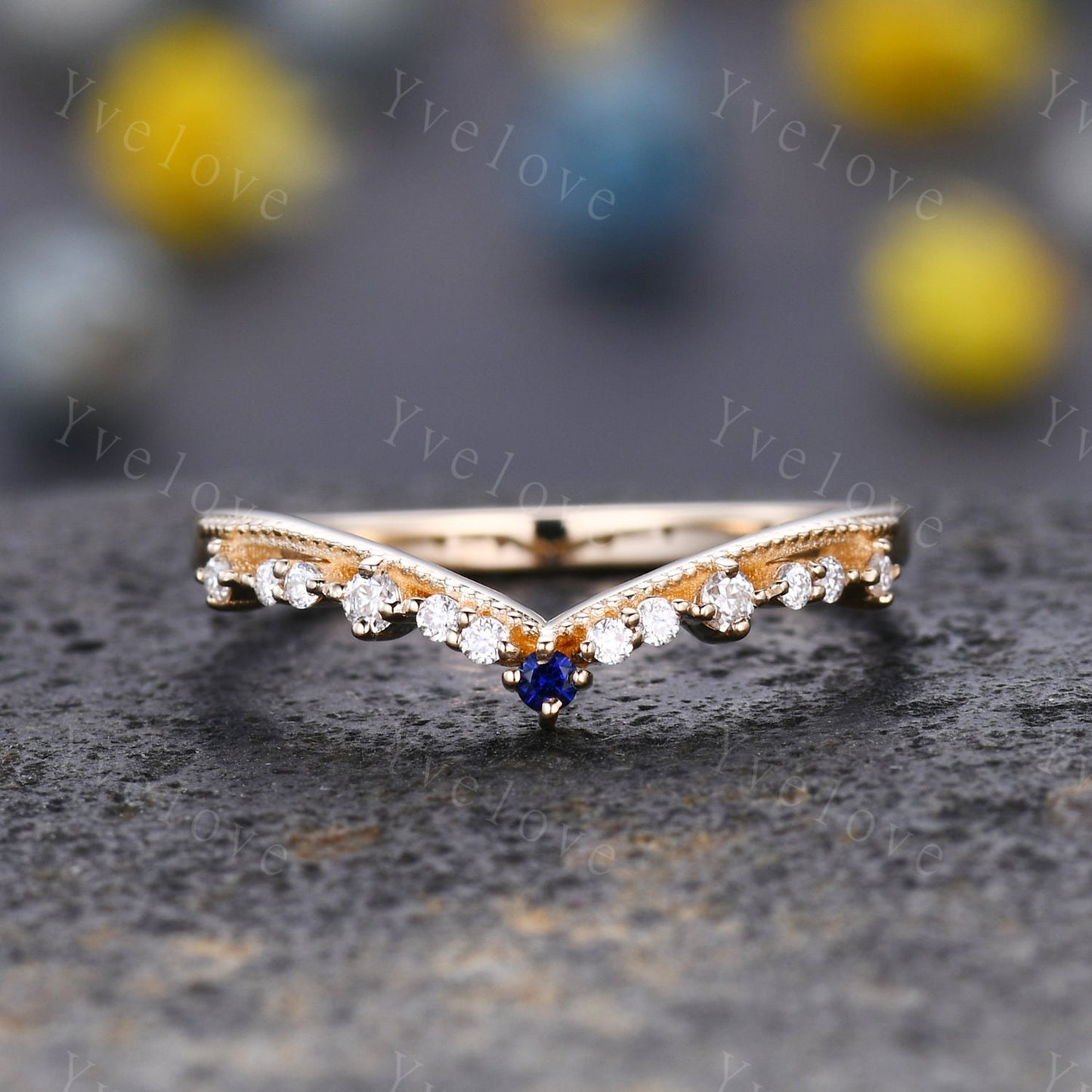 Curved Wedding Band Solid Gold Diamond Blue Sapphire Ring Women Chevron Matching Stacking Band Unique Promise Anniversary band Gift For Her