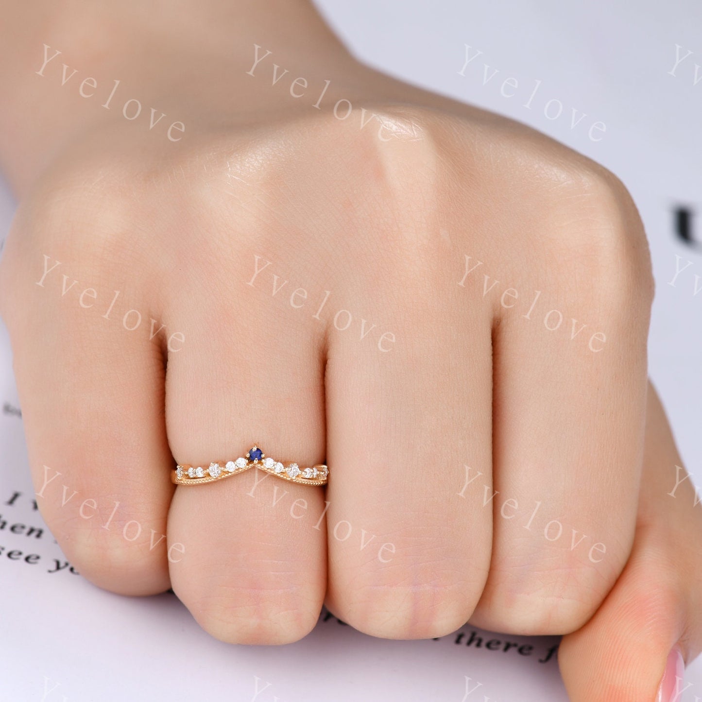 Curved Wedding Band Solid Gold Diamond Blue Sapphire Ring Women Chevron Matching Stacking Band Unique Promise Anniversary band Gift For Her