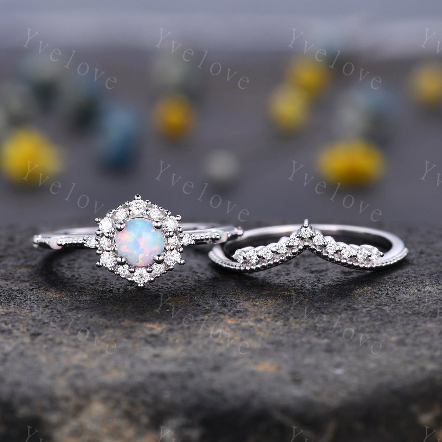 Vintage Opal Engagement Ring Set White Gold Ring Diamond Eternity Ring For Women Stacking Bridal Set Floral Halo Promise Anniversary Gift