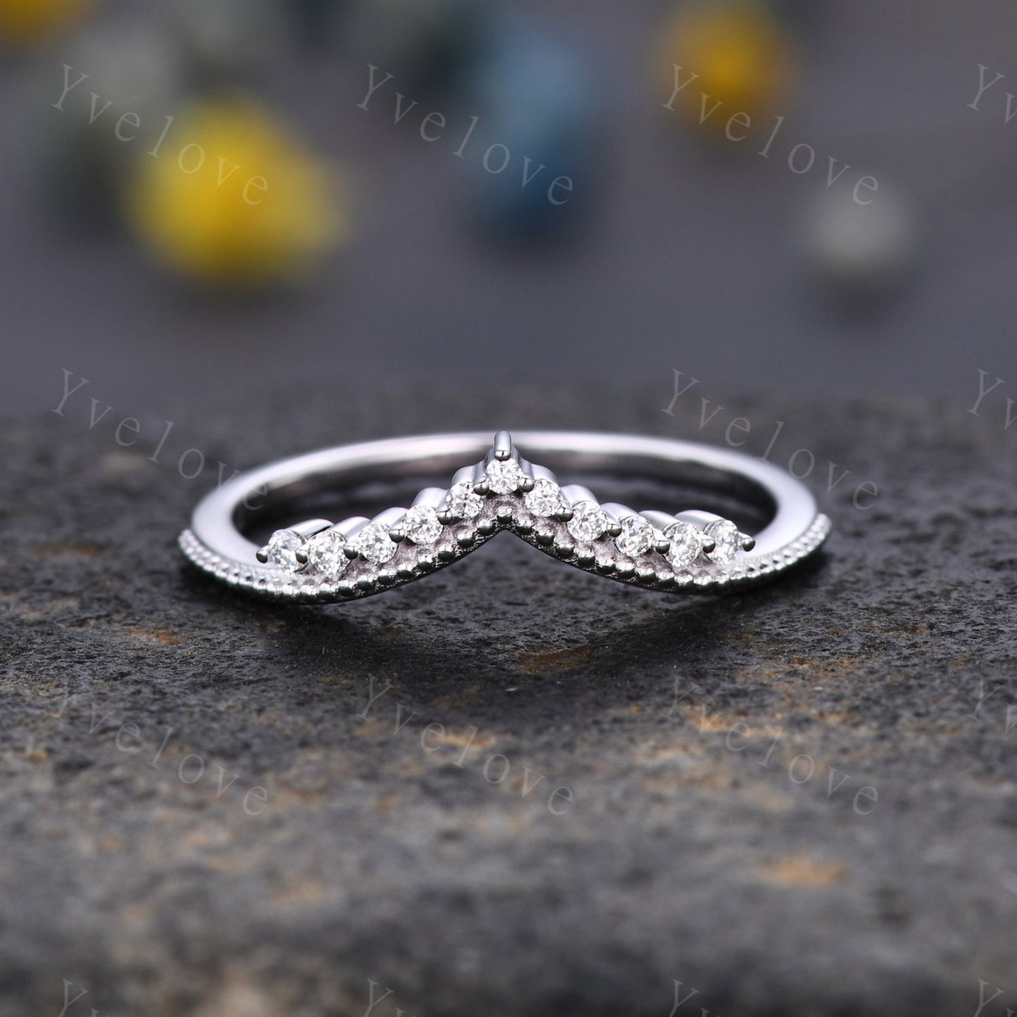 Curved Wedding Band 14k Sold White Gold Diamond Ring Women Chevron Matching Stacking Moissanite Band Unique Promise Anniversary Bridal Ring