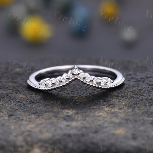 Curved Wedding Band 14k Sold White Gold Diamond Ring Women Chevron Matching Stacking Moissanite Band Unique Promise Anniversary Bridal Ring