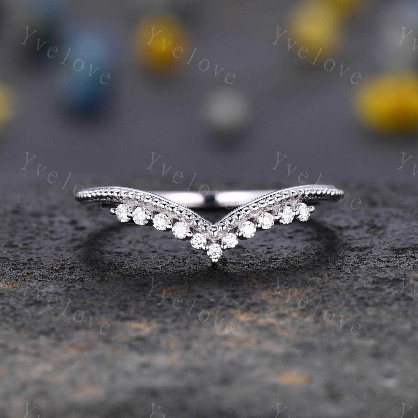 Curved Wedding Band 14k Sold White Gold Diamond Ring Women Chevron Matching Stacking Moissanite Band Unique Promise Anniversary Bridal Ring