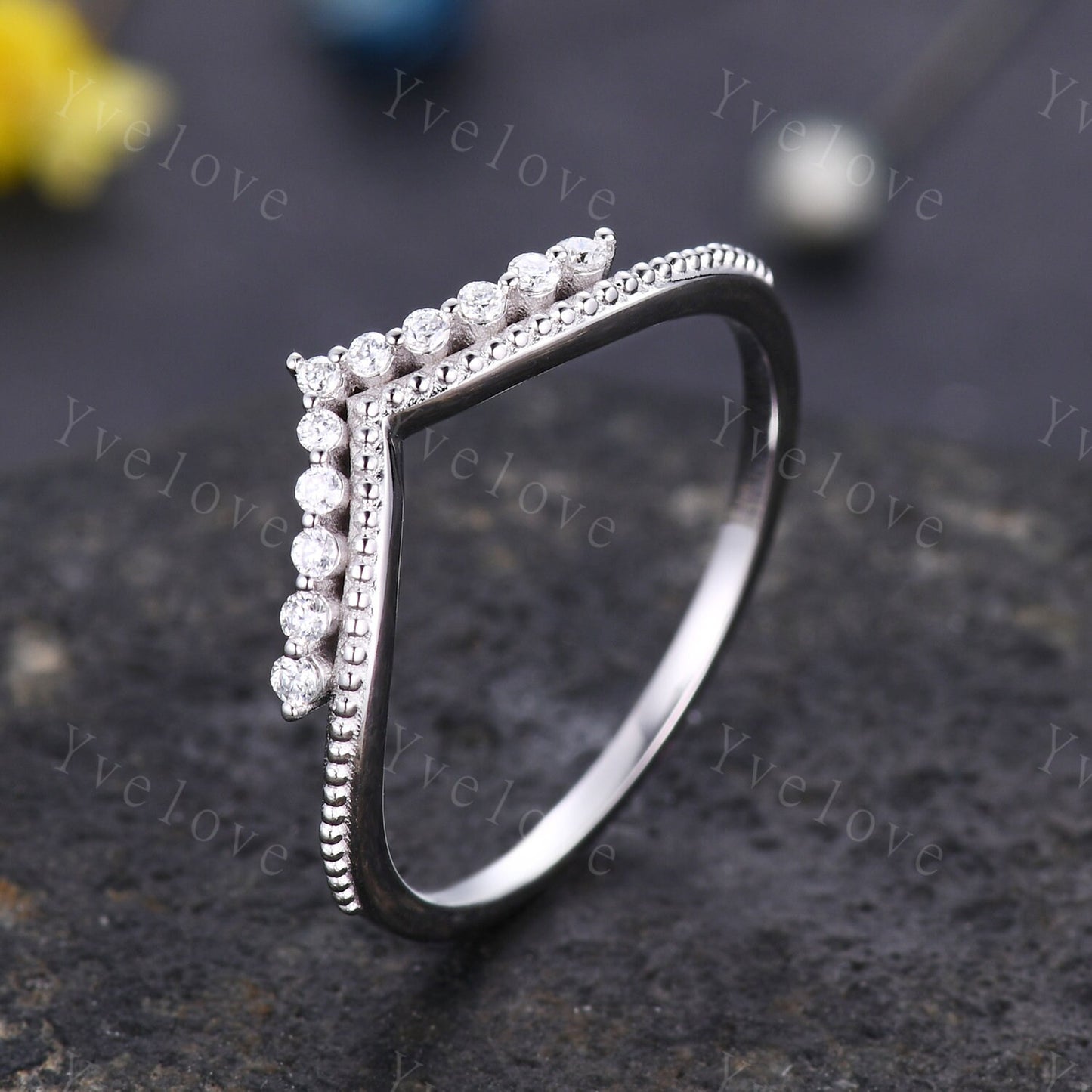 Curved Wedding Band 14k Sold White Gold Diamond Ring Women Chevron Matching Stacking Moissanite Band Unique Promise Anniversary Bridal Ring
