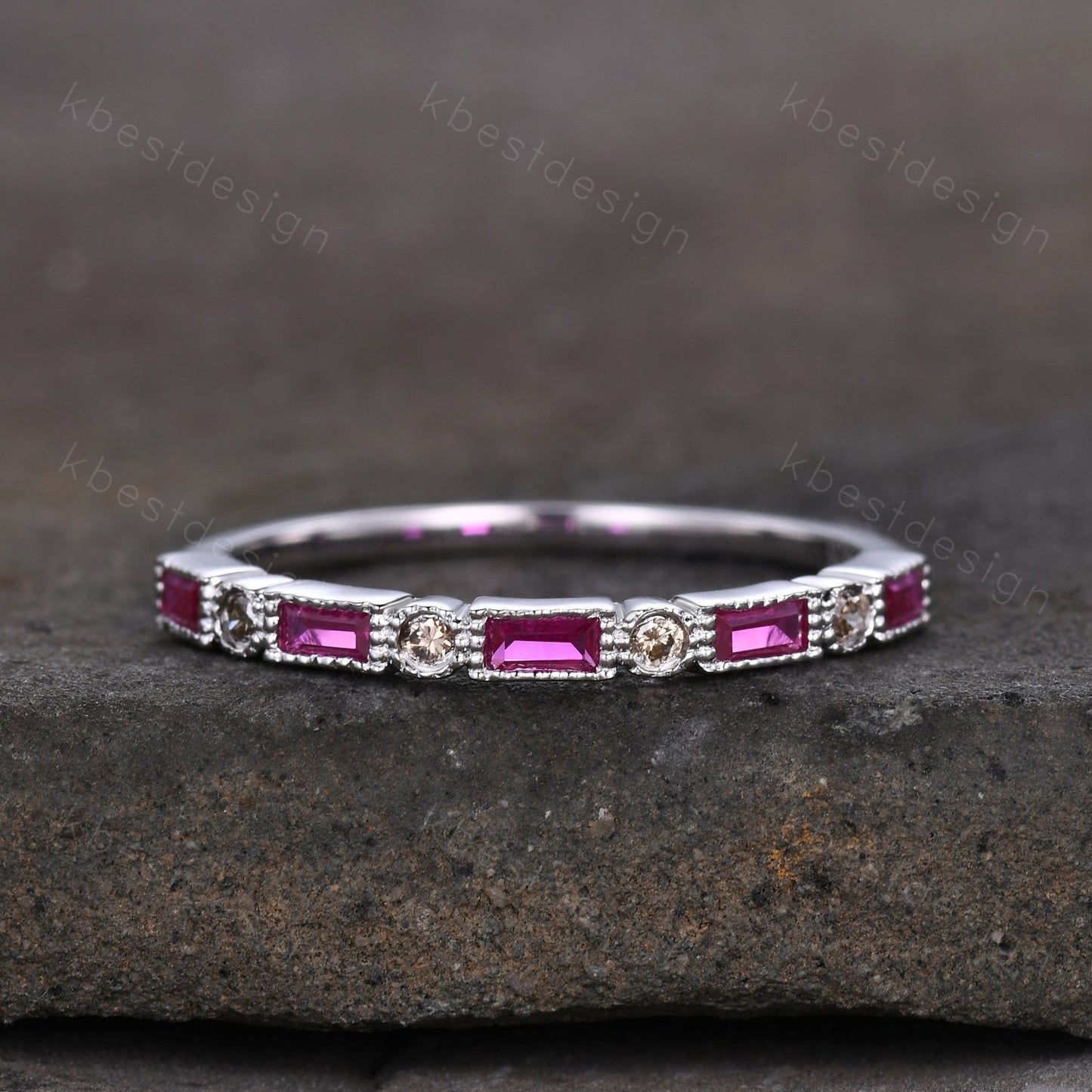 Vintage Ruby Wedding Band Women White Gold Wedding Band Salt and Pepper Diamond Ring Art Deco Stacking Band Anniversary Gift for Her