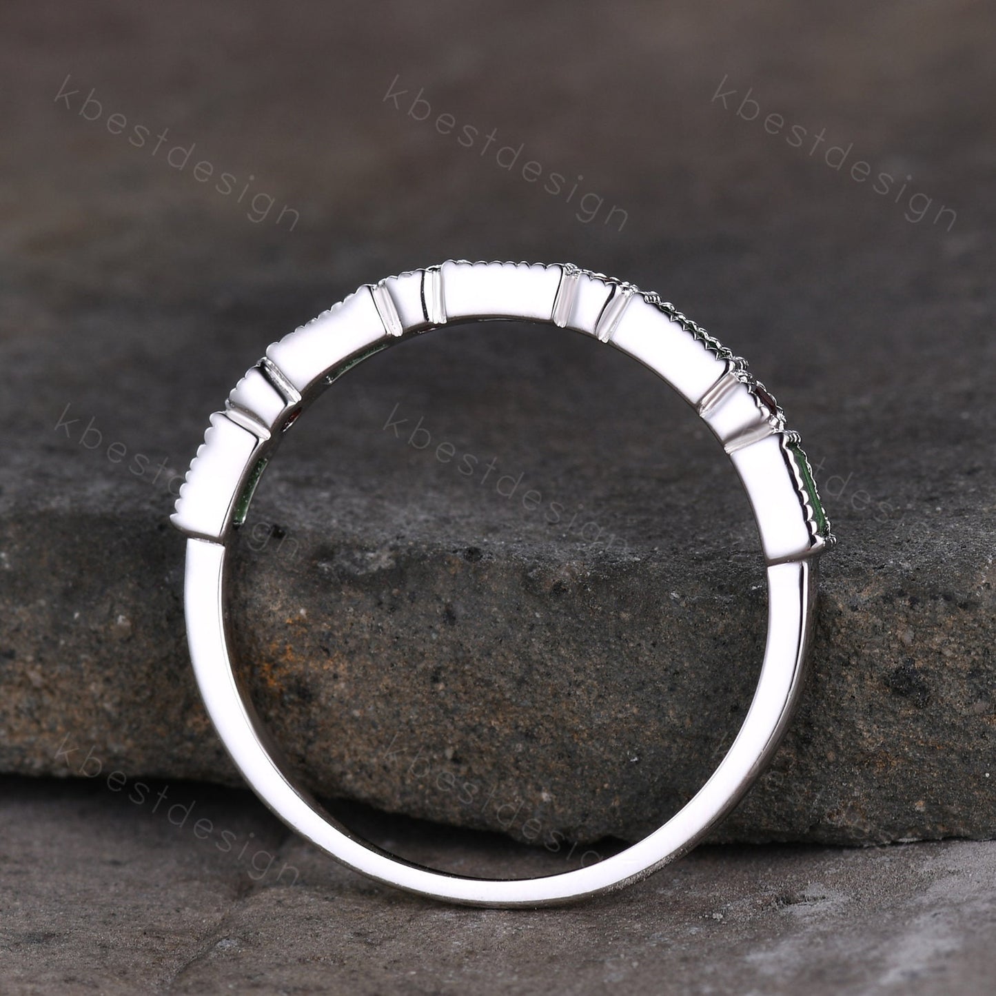 Emerald Wedding Band Half Eternity Band Emerald Garnet Band Art Deco Stacking Wedding Ring Anniversary Ring White Gold Ring Milgrain