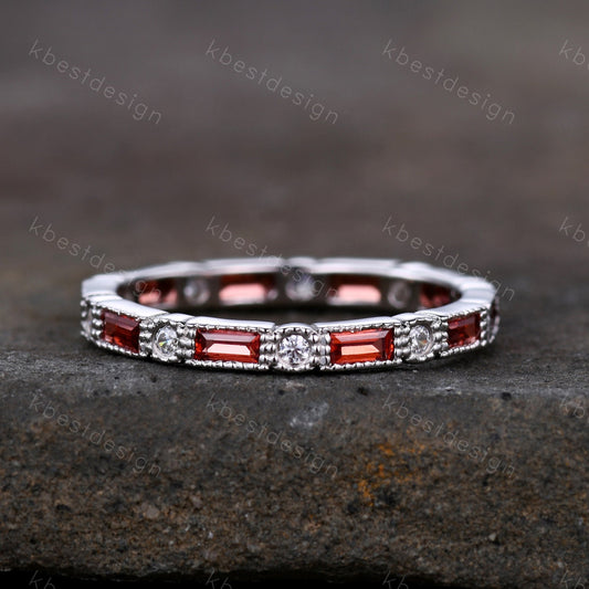 Garnet Ring, Art Deco Eternity Band, Baguette Garnet Wedding Band, January Birthstone Ring, Gemstone Band, Anniversary Gift, White Gold Ring