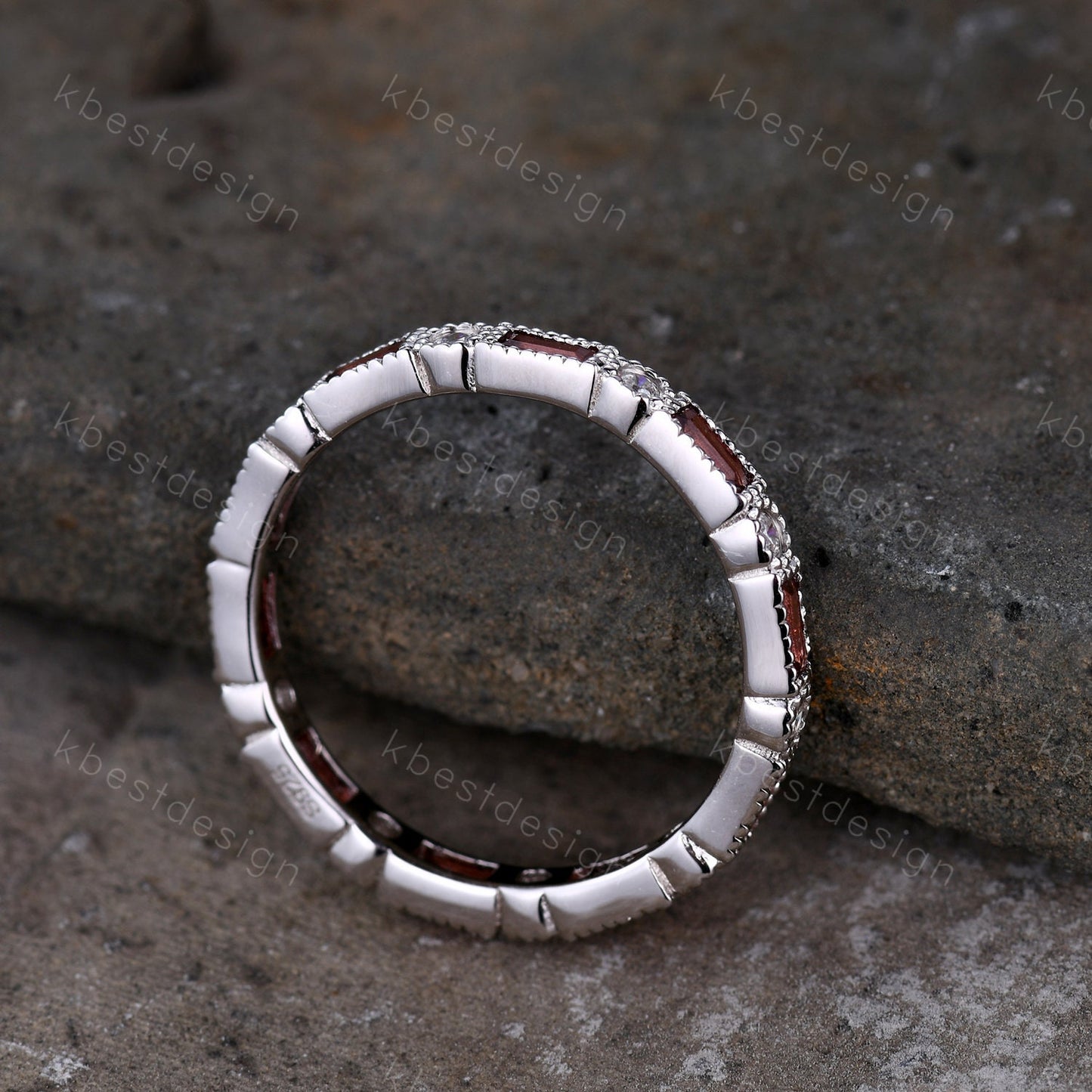 Garnet Ring, Art Deco Eternity Band, Baguette Garnet Wedding Band, January Birthstone Ring, Gemstone Band, Anniversary Gift, White Gold Ring