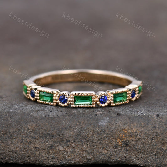 Art Deco Emerald wedding band 14K Gold emerald sapphire wedding band vintage Milgrain band matching Stacking band Anniversary band