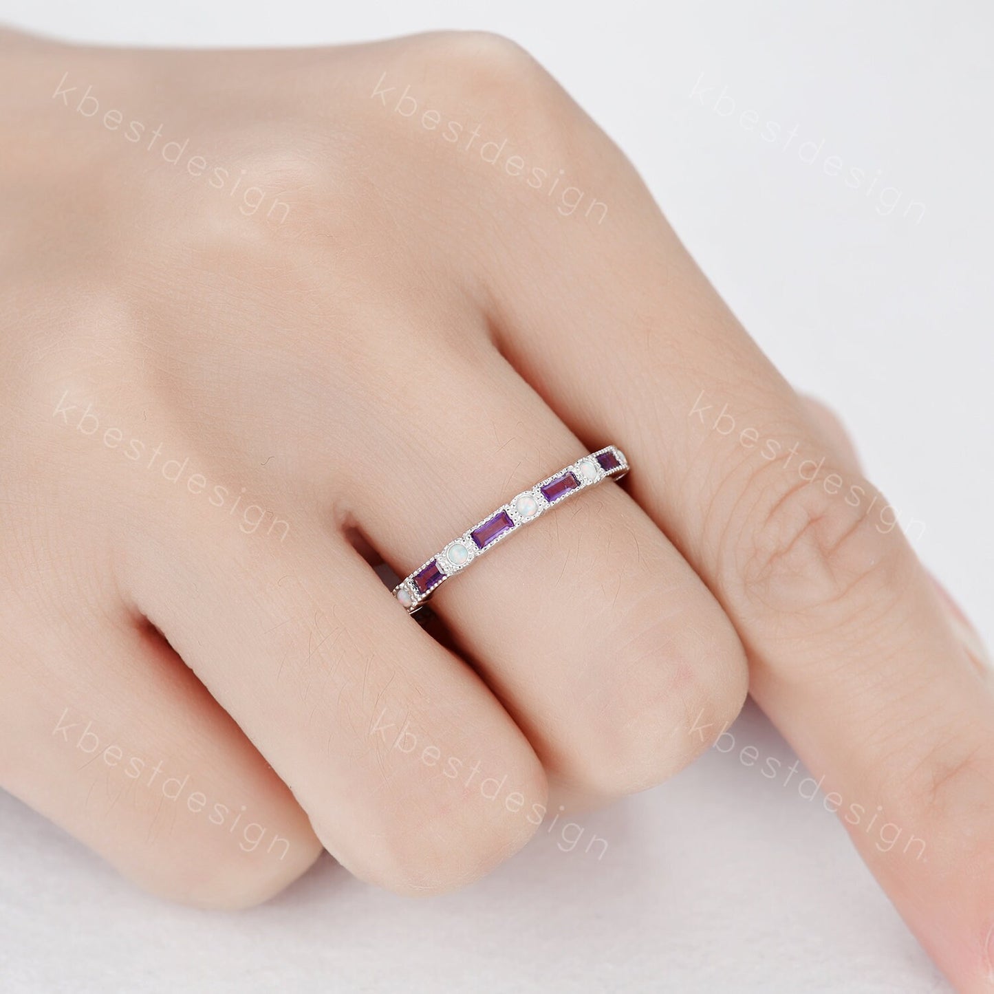Amethyst Wedding Band Art Deco Eternity Band Opal Wedding Band White Gold Ring for Women Stacking Matching Band Anniversary Ring