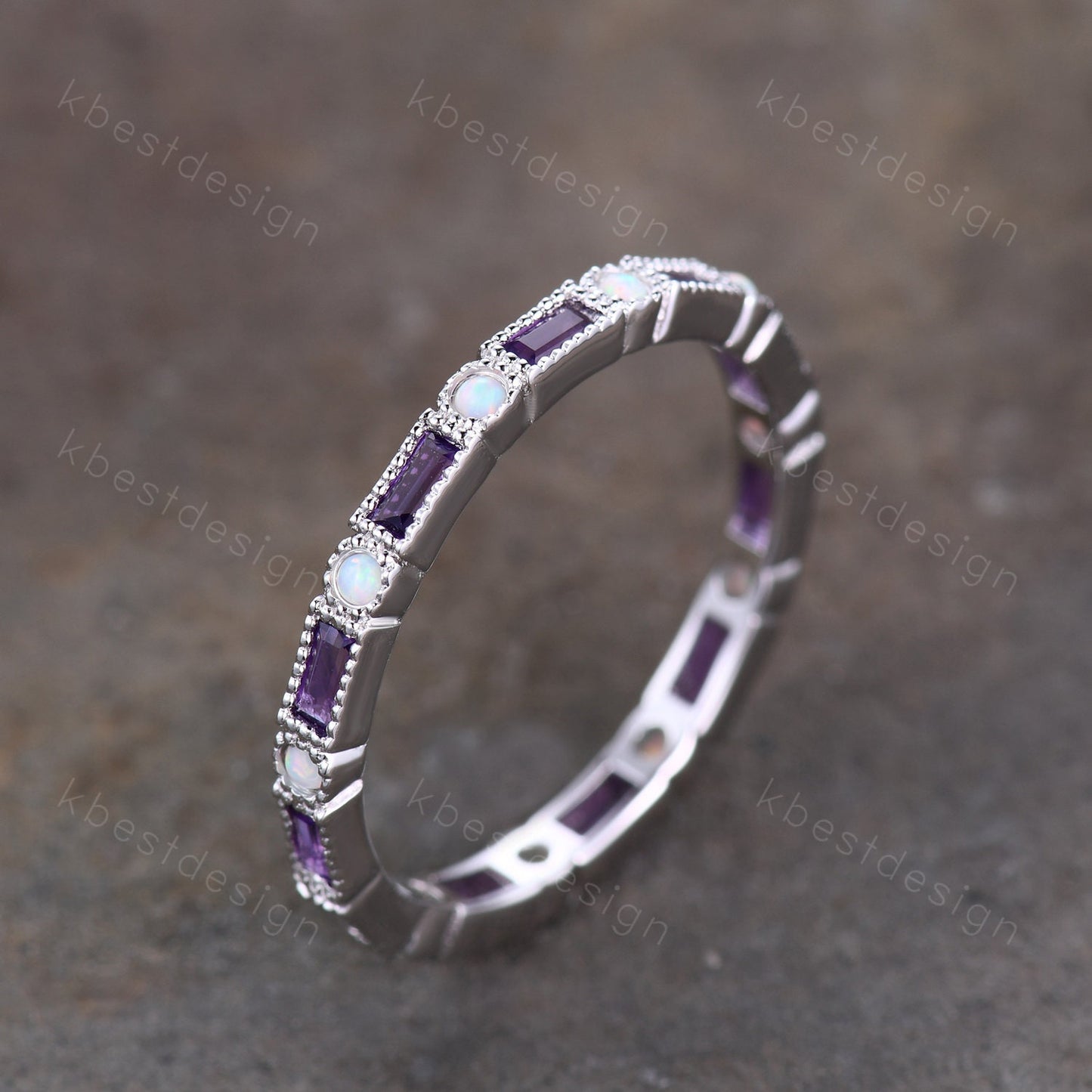 Amethyst Wedding Band Art Deco Eternity Band Opal Wedding Band White Gold Ring for Women Stacking Matching Band Anniversary Ring