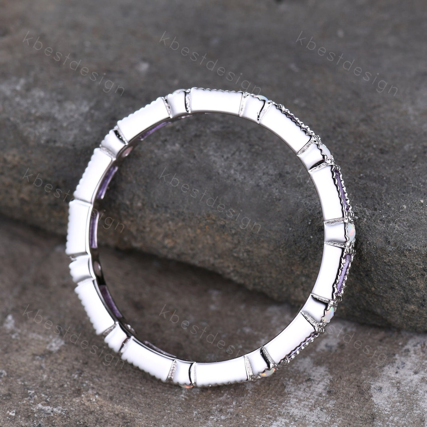 Amethyst Wedding Band Art Deco Eternity Band Opal Wedding Band White Gold Ring for Women Stacking Matching Band Anniversary Ring