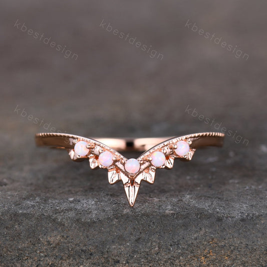 Opal Ring Art Deco Curved Wedding Band Rose Gold Stacking Matching Band Vintage Unique Opal Ring for Women Anniversary Ring October Gift