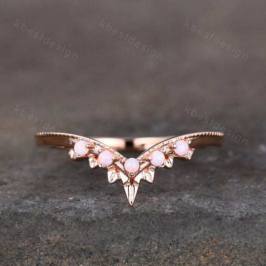 Opal Ring Art Deco Curved Wedding Band Rose Gold Stacking Matching Band Vintage Unique Opal Ring for Women Anniversary Ring October Gift