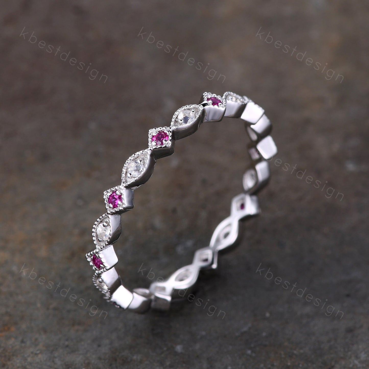 Art Deco Moonstone Ruby Wedding band Full eternity ring Vintage white gold band Unique Matching Stacking ring Anniversary ring Milgrain