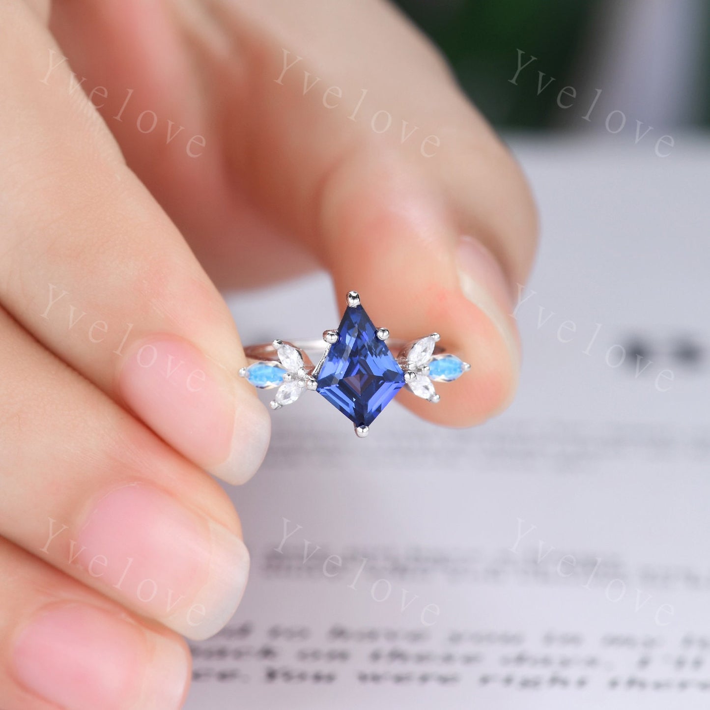 Vintage Sapphire engagement ring,kite sapphire ring,art deco marquise moonstone ring,opal moissanite wedding ring set for women,silver ring