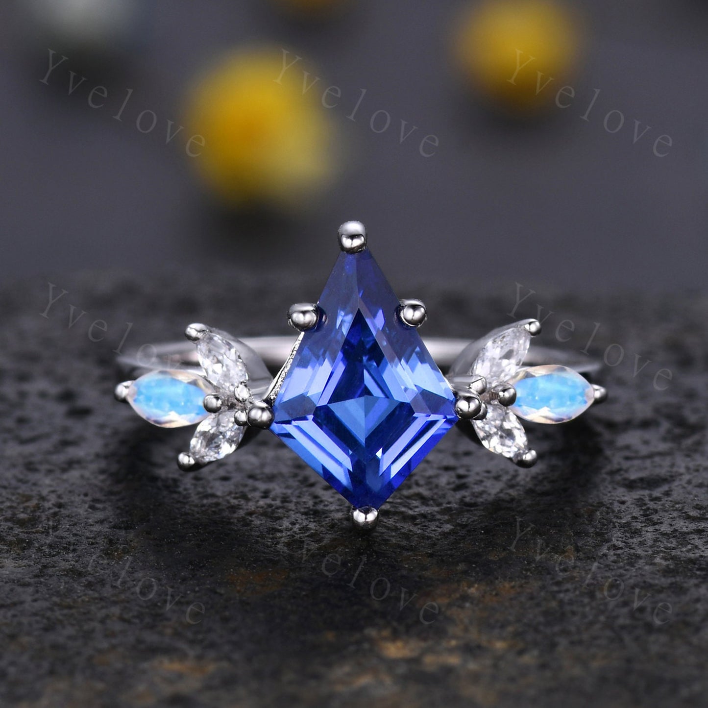 Vintage Sapphire engagement ring,kite sapphire ring,art deco marquise moonstone ring,opal moissanite wedding ring set for women,silver ring