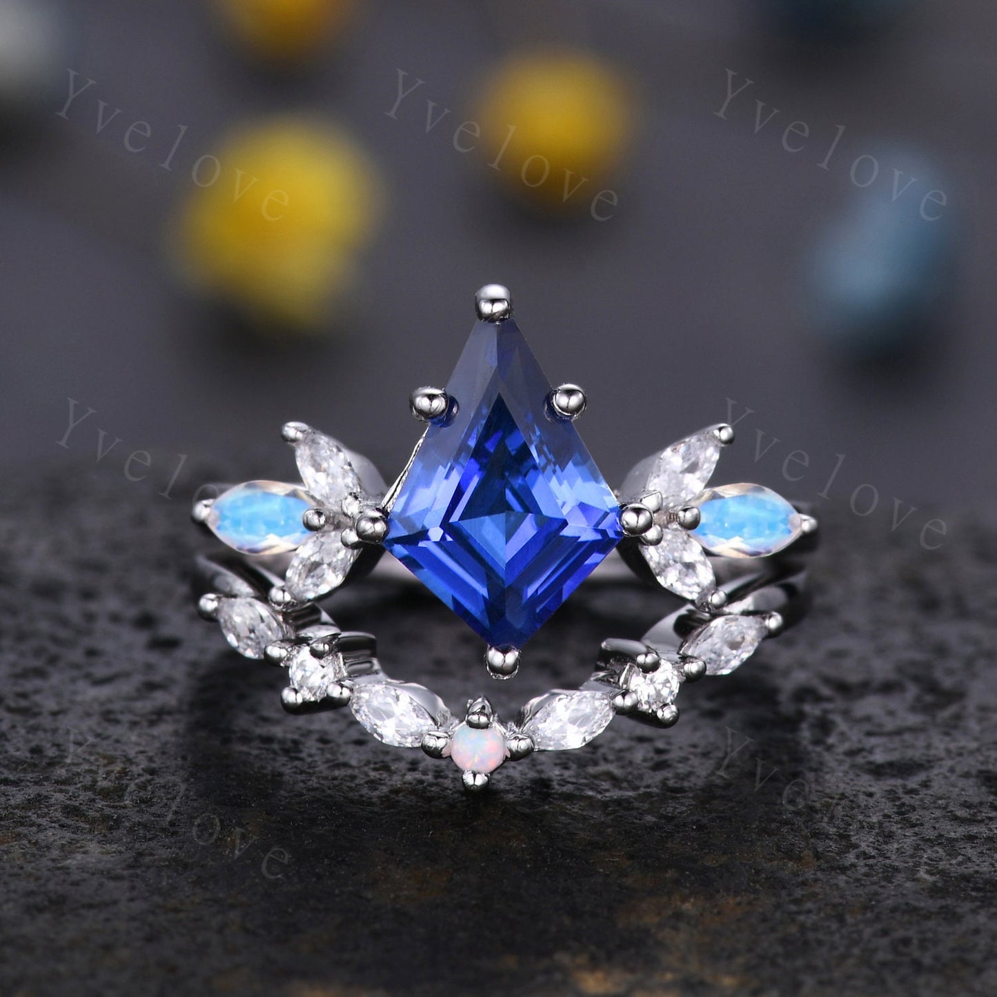 Vintage Sapphire engagement ring,kite sapphire ring,art deco marquise moonstone ring,opal moissanite wedding ring set for women,silver ring