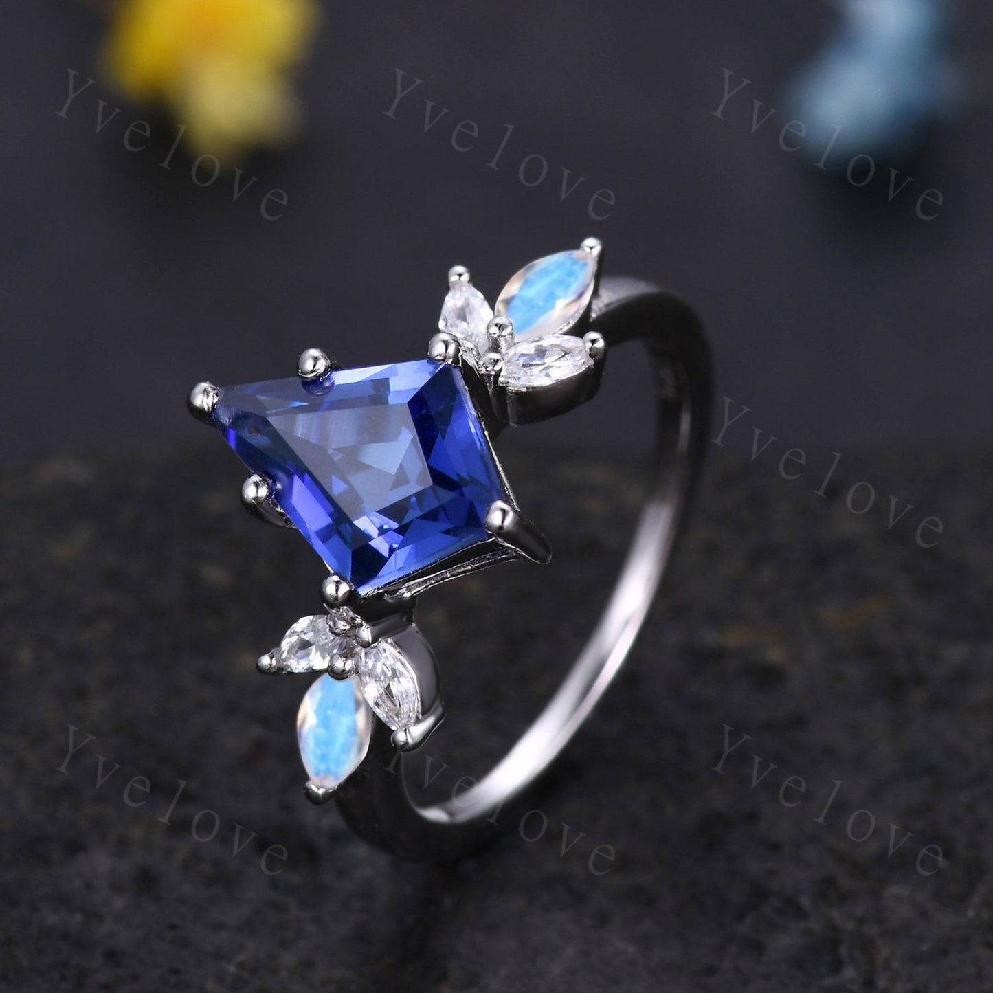 Vintage Sapphire engagement ring,kite sapphire ring,art deco marquise moonstone ring,opal moissanite wedding ring set for women,silver ring