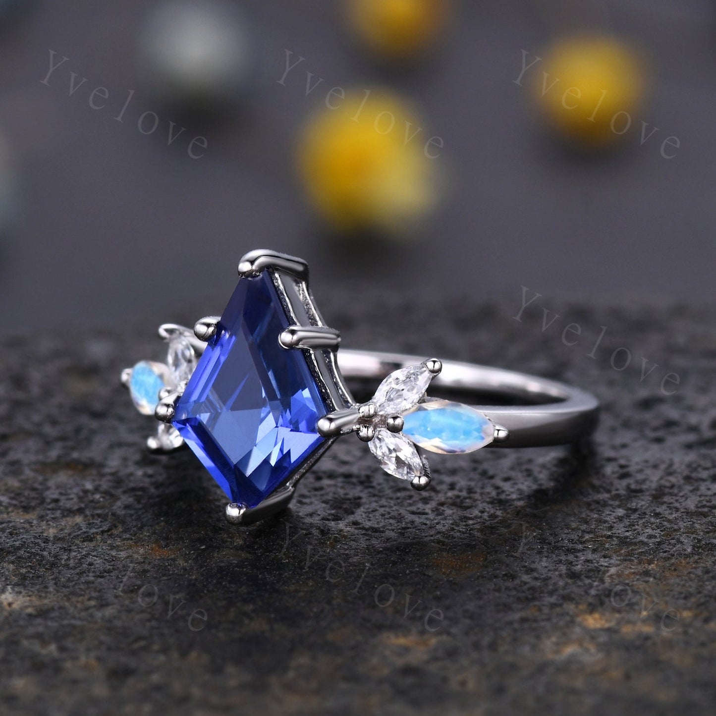 Vintage Sapphire engagement ring,kite sapphire ring,art deco marquise moonstone ring,opal moissanite wedding ring set for women,silver ring
