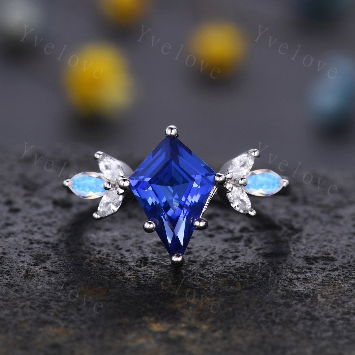 Vintage Sapphire engagement ring,kite sapphire ring,art deco marquise moonstone ring,opal moissanite wedding ring set for women,silver ring