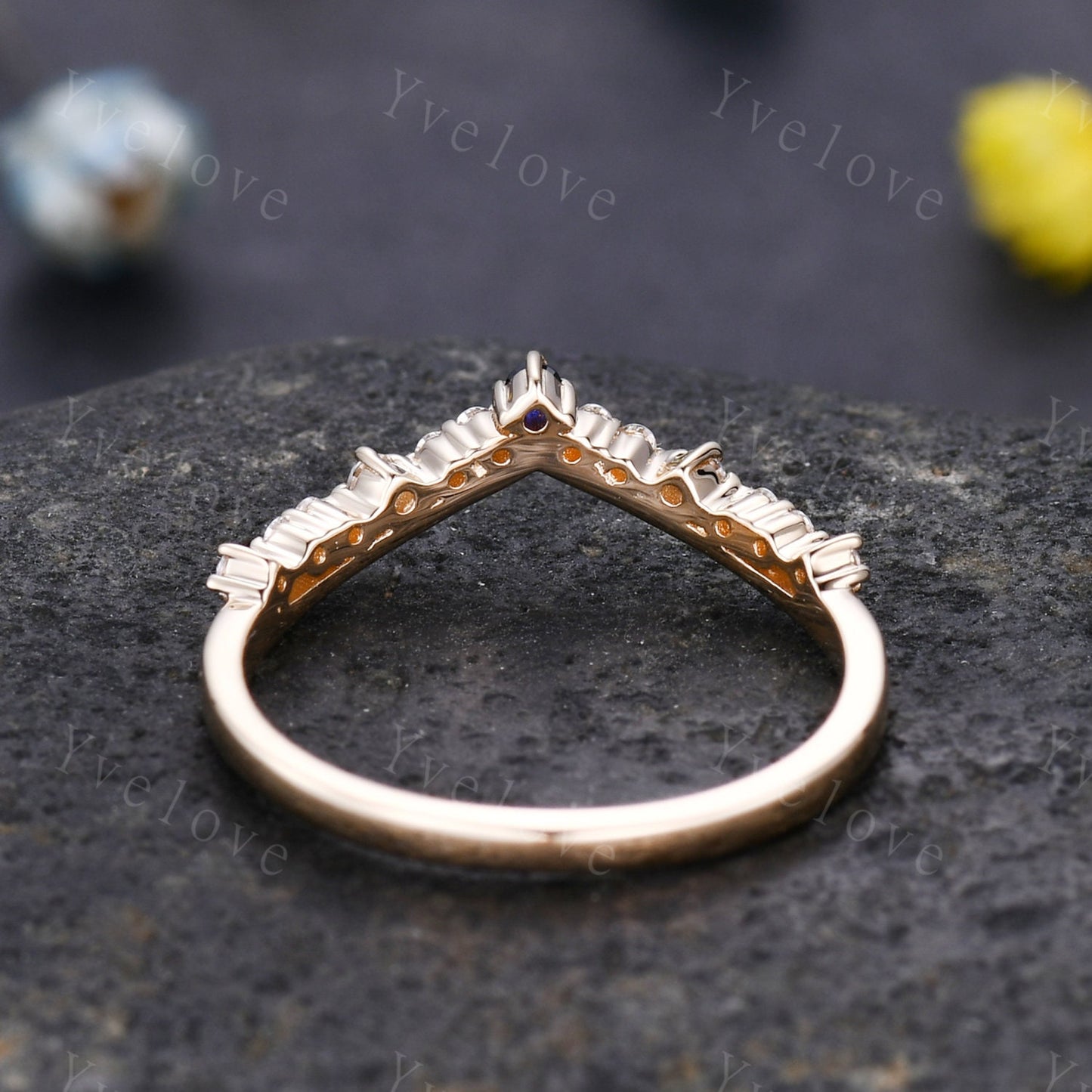 Curved Wedding Band Solid Gold Diamond Blue Sapphire Ring Women Chevron Matching Stacking Band Unique Promise Anniversary band Gift For Her