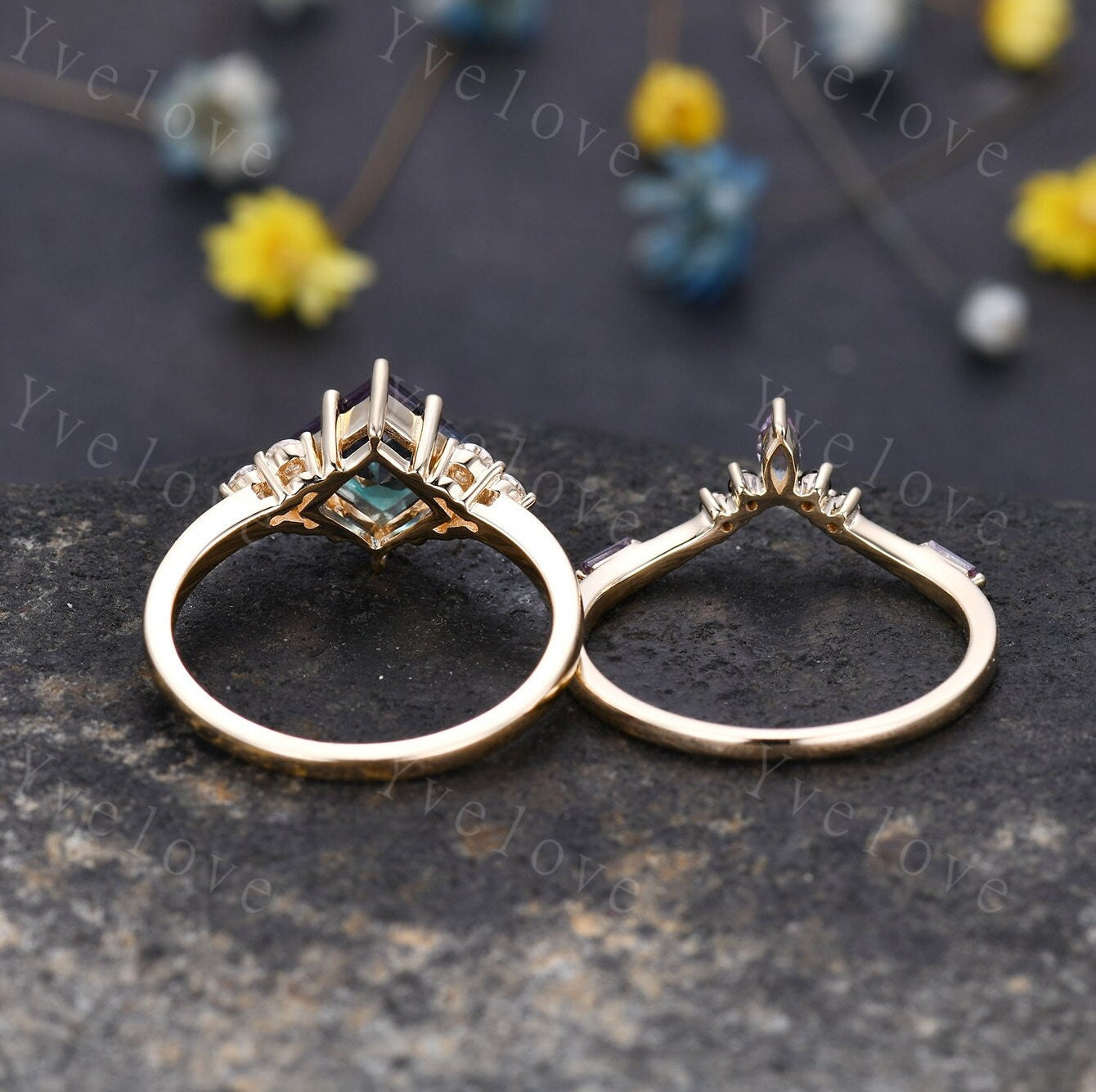 2PCS Vintage Unique Princess Cut Alexandrite Engagement Ring Set,Black Spinel Ring,June birthtone,14k solid gold,Women Unique Ring Set Gift