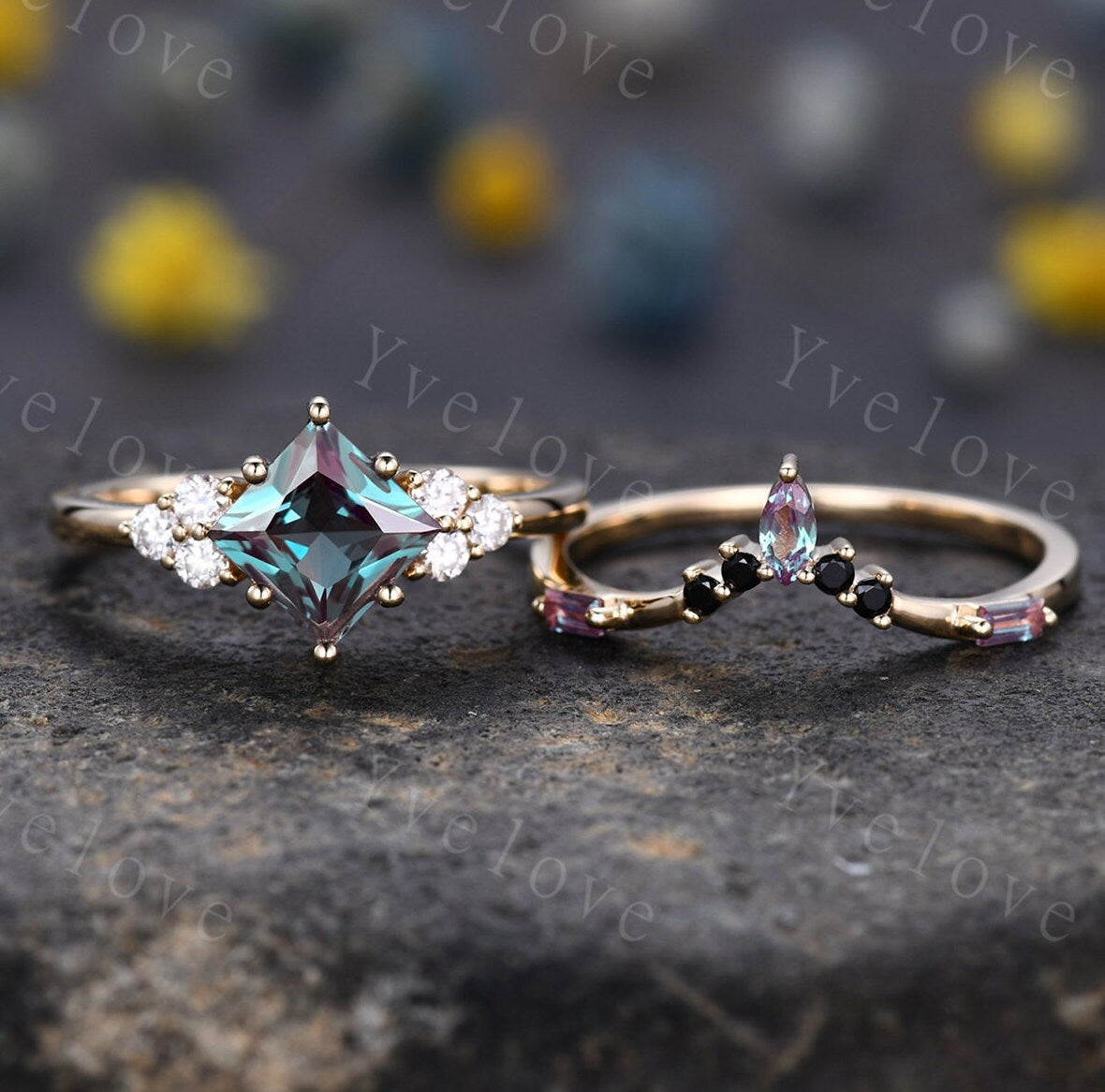 2PCS Vintage Unique Princess Cut Alexandrite Engagement Ring Set,Black Spinel Ring,June birthtone,14k solid gold,Women Unique Ring Set Gift
