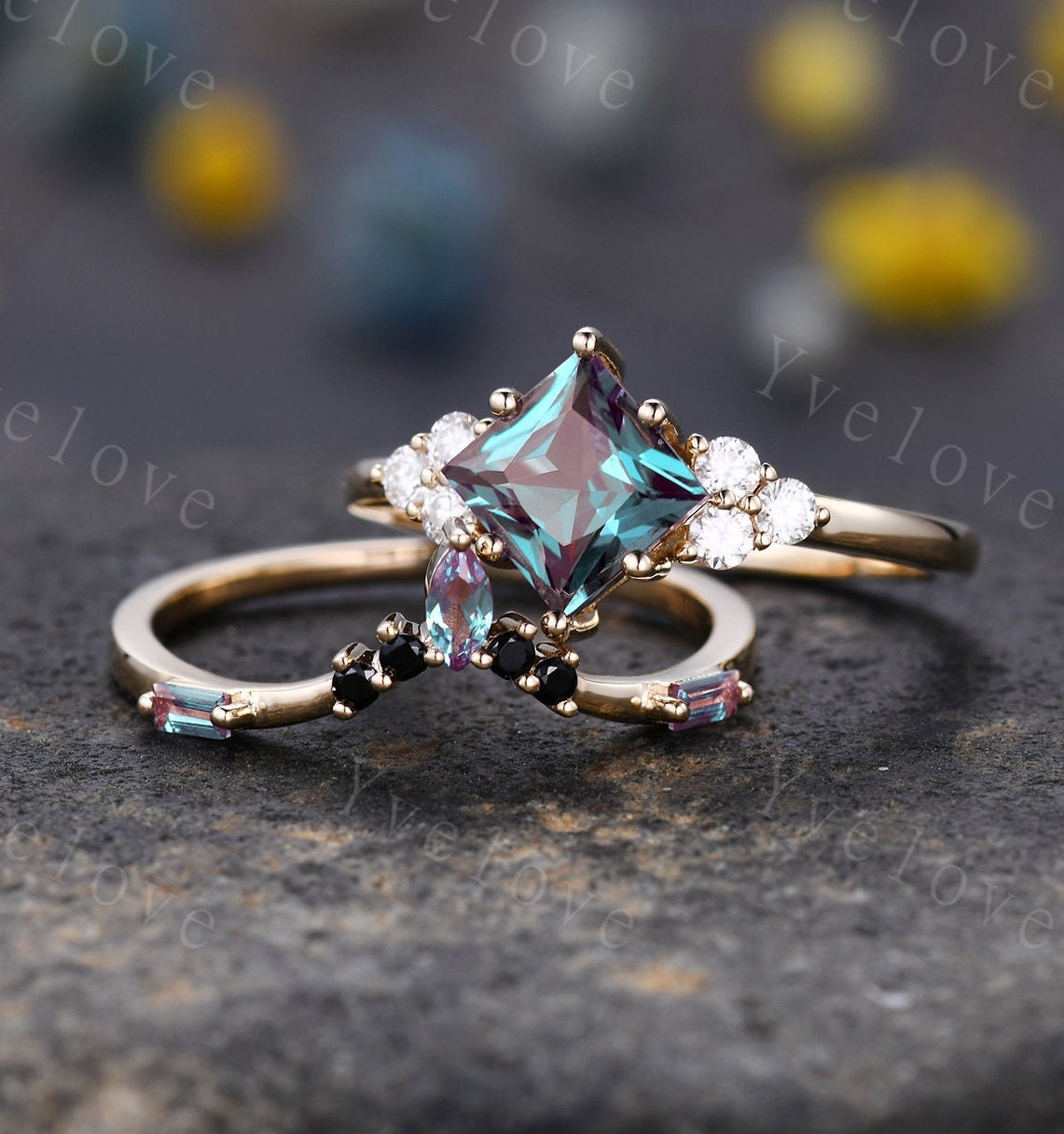 2PCS Vintage Unique Princess Cut Alexandrite Engagement Ring Set,Black Spinel Ring,June birthtone,14k solid gold,Women Unique Ring Set Gift