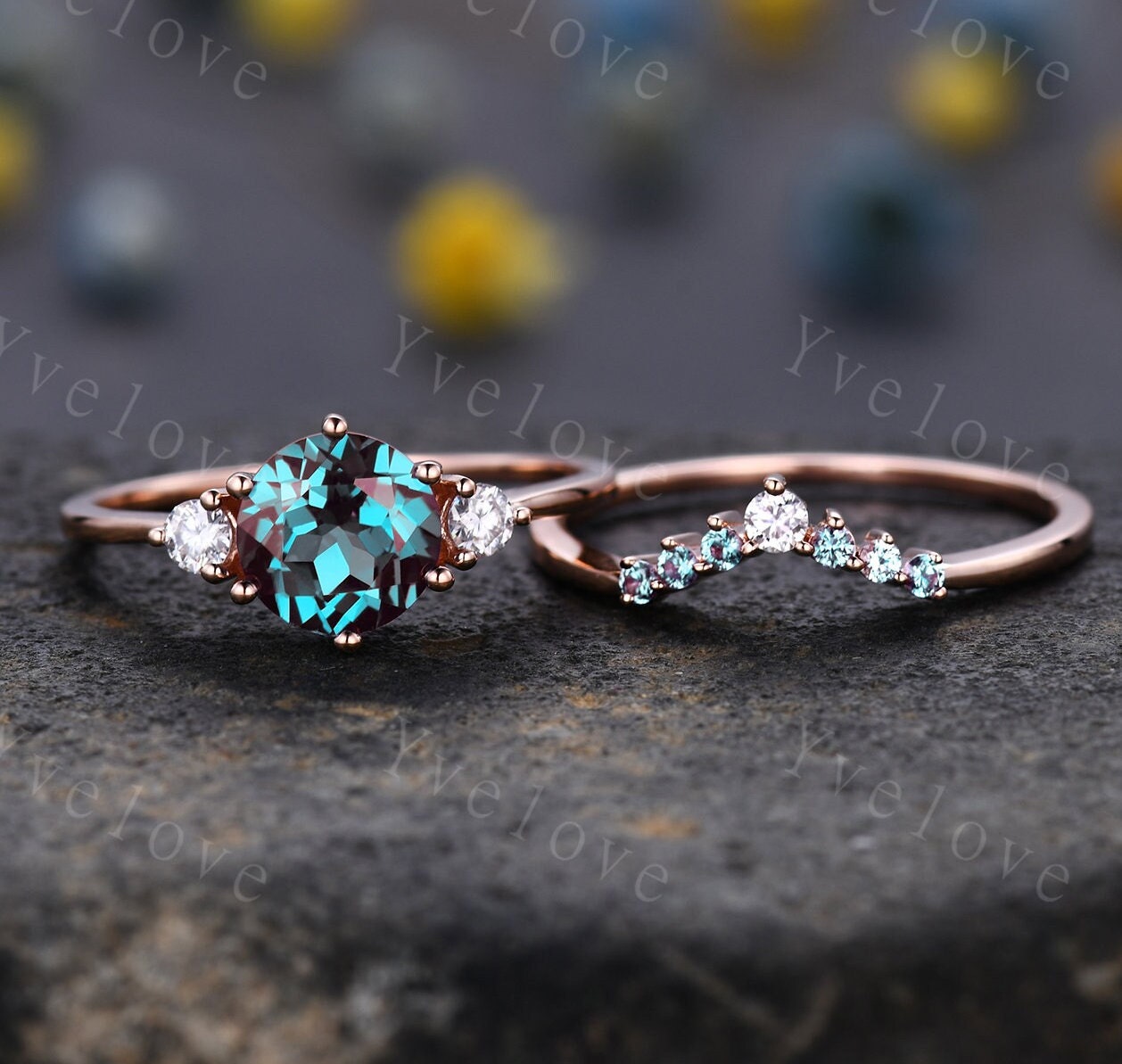 Alexandrite Engagement Ring Set Curved Crown Diamond/Moissanite Matching Band Color change alexandrite Ring Set Rose Gold Bridal Wedding Set
