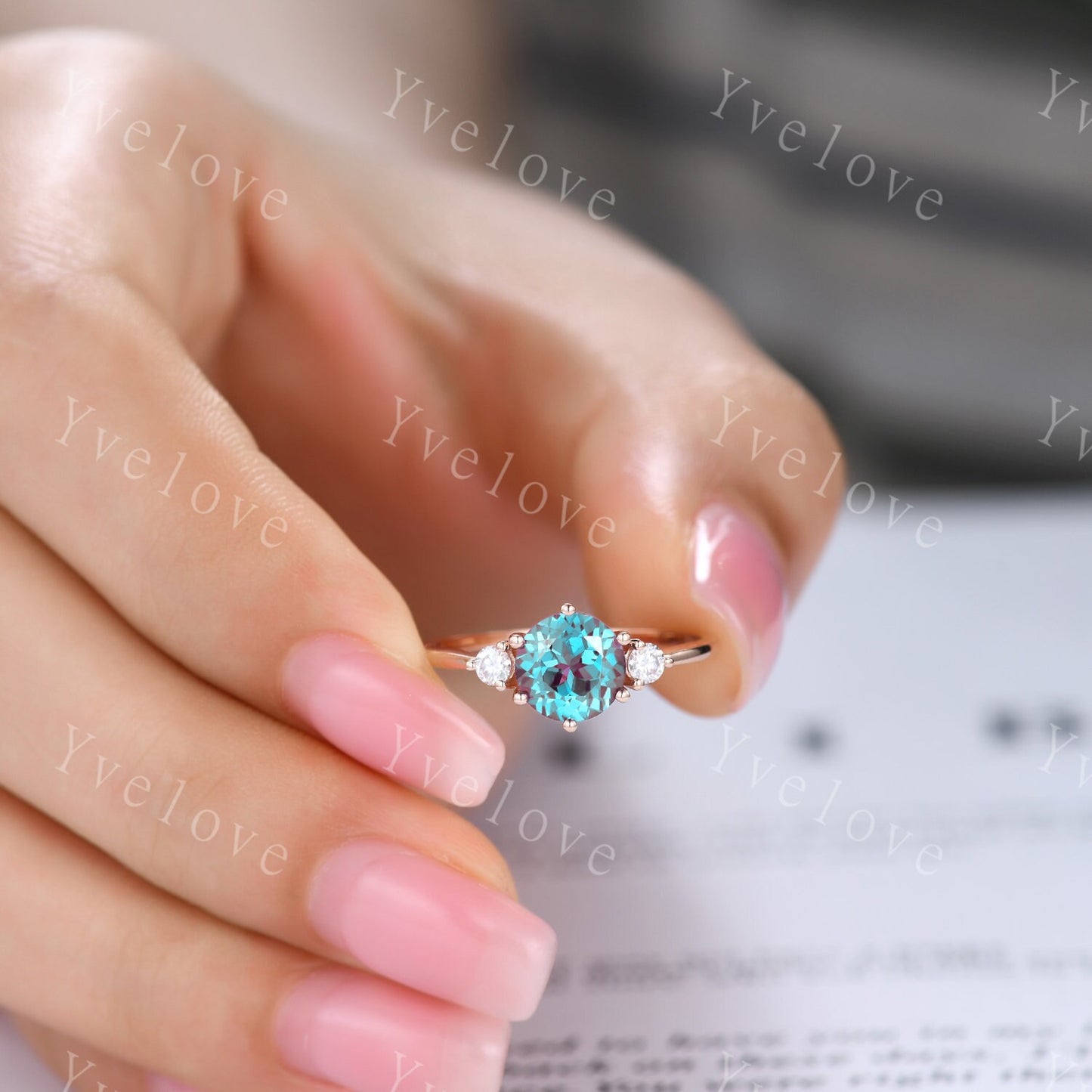 Art Deco Alexandrite Engagement Ring,Three Stone Moissanite Matching Band Color change alexandrite Ring,Rose Gold Bridal Wedding Set For Her