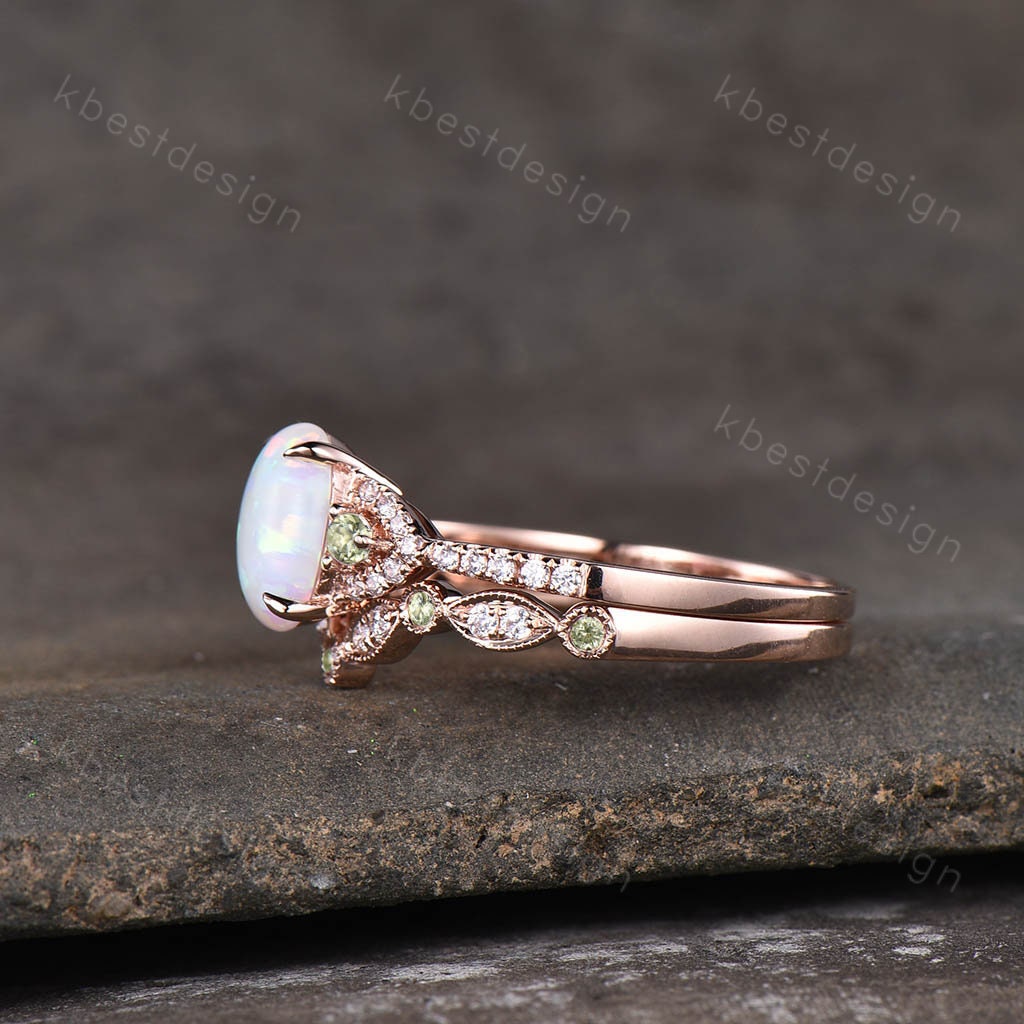 Vintage white opal engagement ring 14k rose gold oval cut ring art deco curved peridot stacking band unique bridal promise ring set