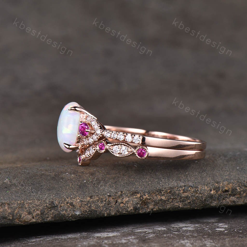 Vintage Opal Ruby Engagement Ring Set 14K Rose Gold Oval cut Ring Art Deco Moissanite Wedding Band Curved Stacking Matching Band Handmade
