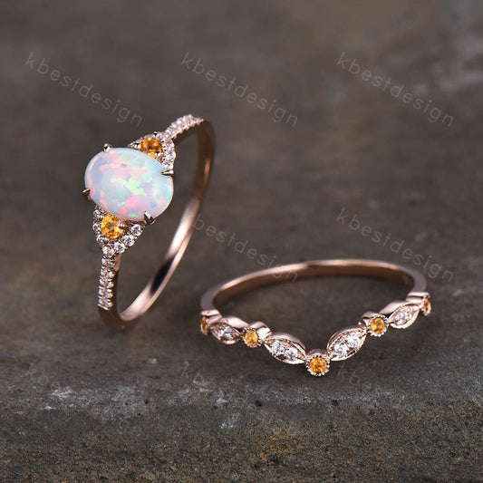 Opal engagement ring set vintage oval cut opal ring art deco Rose gold Citrine wedding ring Unique curved stacking band bridal Promise ring