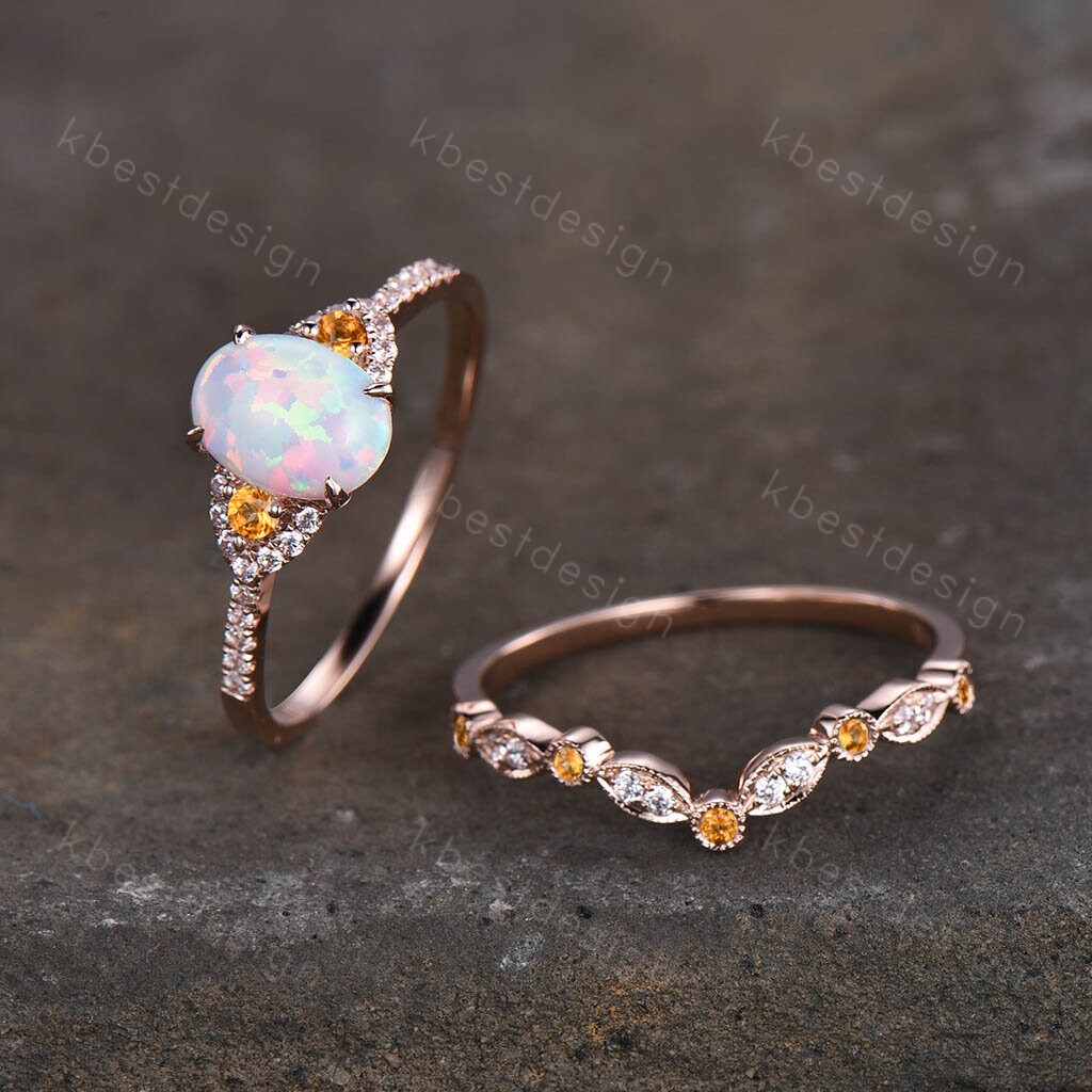 Opal engagement ring set vintage oval cut opal ring art deco Rose gold Citrine wedding ring Unique curved stacking band bridal Promise ring