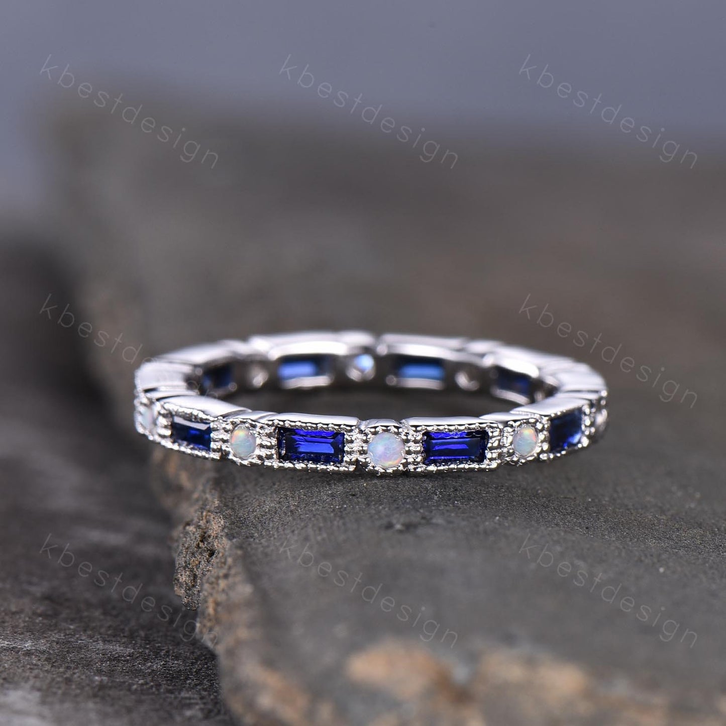 Eternity Band, Blue Sapphire Wedding Band, Sterling Silver Ring, Sapphire Opal Ring, September Birthstone Ring, Vintage Stacking Band